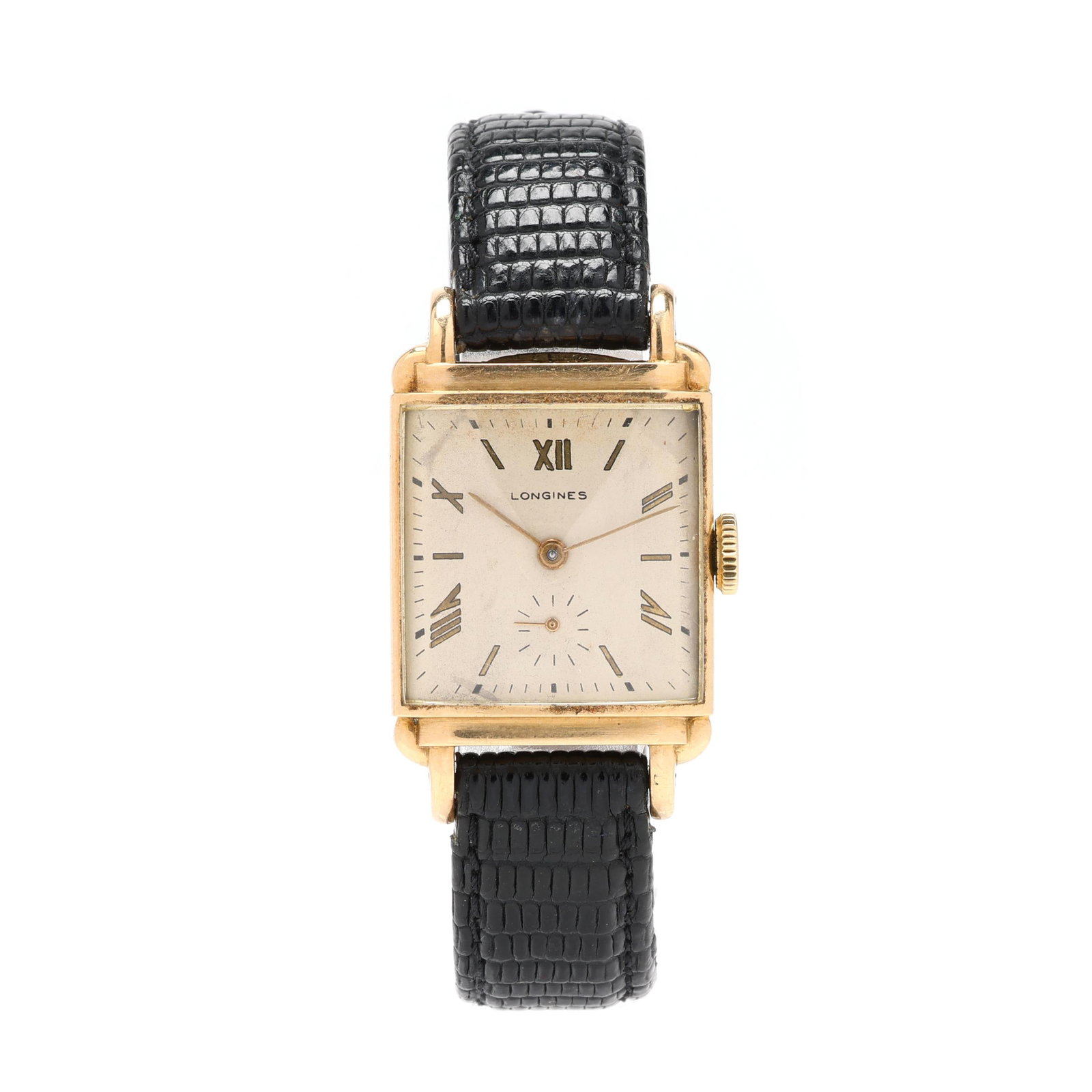 Vintage Gold Watch, Longines: Vintage Gold Watch, Longinesmanual wind, Longines 9L, serial number 6422278, the rectangular gold case with polished bezel, the signed silver-tone dial with gold-tone Roman numeral hour markers, gold-