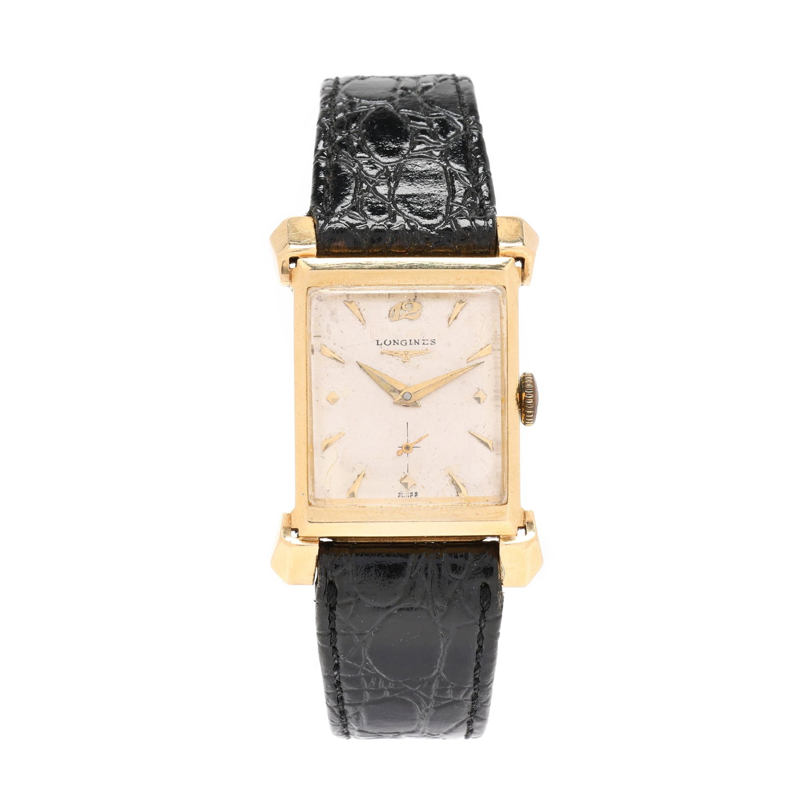 Vintage Gold Watch, Longines: Vintage Gold Watch, Longinesmanual wind, Longines 9LT, caseback number 206606, movement number 8890066, the rectangular gold case with polished bezel, the signed silver-tone dial with gold-tone dagger