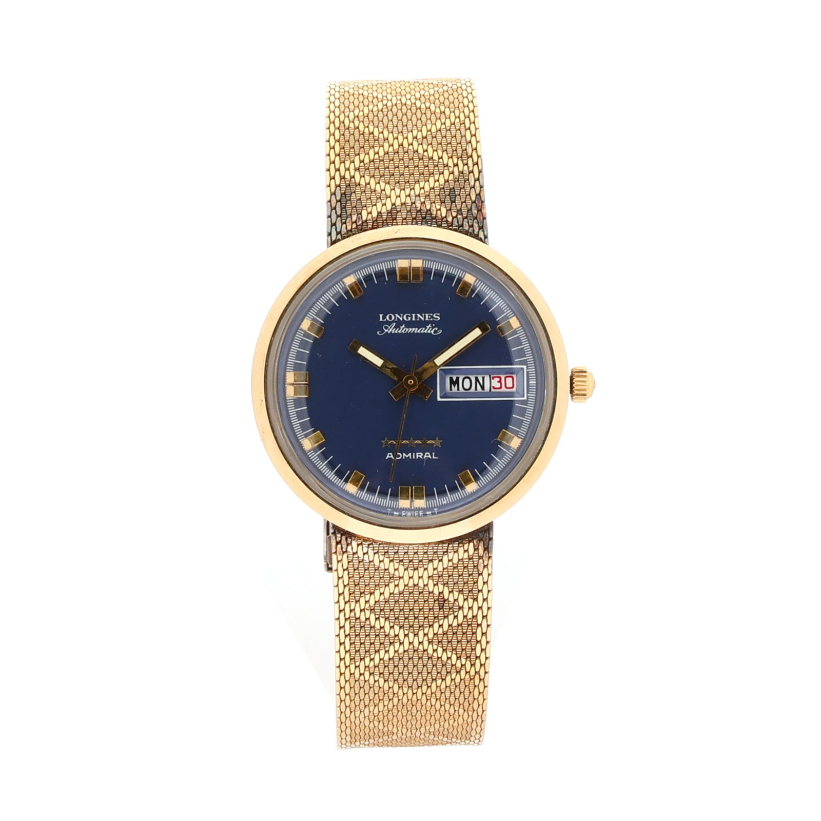 Vintage Gold-Filled 5* Admiral Watch, Longines: Vintage Gold-Filled 5* Admiral Watch, Longinesautomatic, reference number 7205, the round gold-filled case with polished bezel, the signed blue dial with gold-tone baton hour markers, gold-tone baton