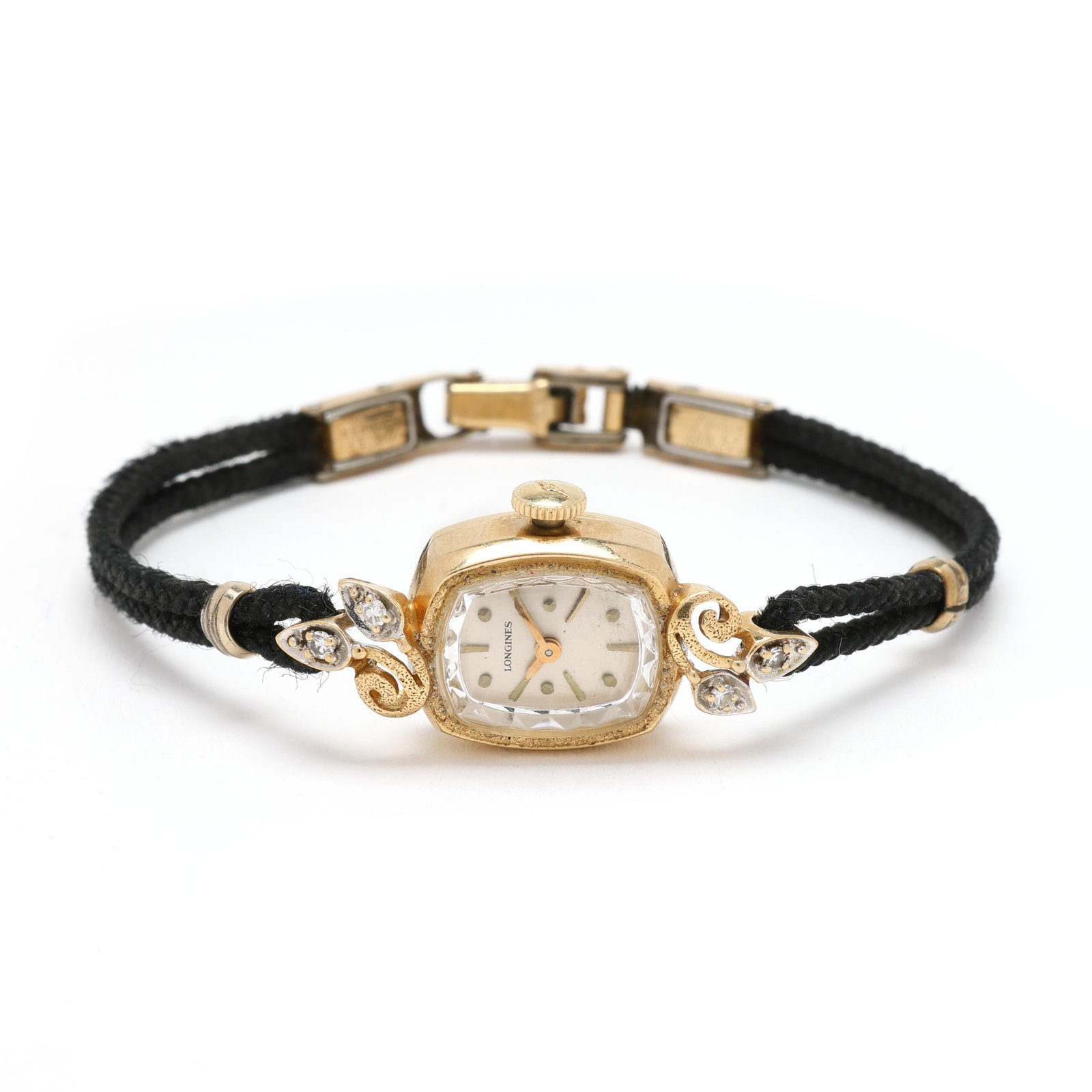 Vintage Lady's Gold Watch, Longines: Vintage Lady's Gold Watch, Longinesmanual wind, Longines 410, reference number 661, serial number 82258, movement number 50693209, the cushion-shaped gold case with polished bezel and floral motif lug