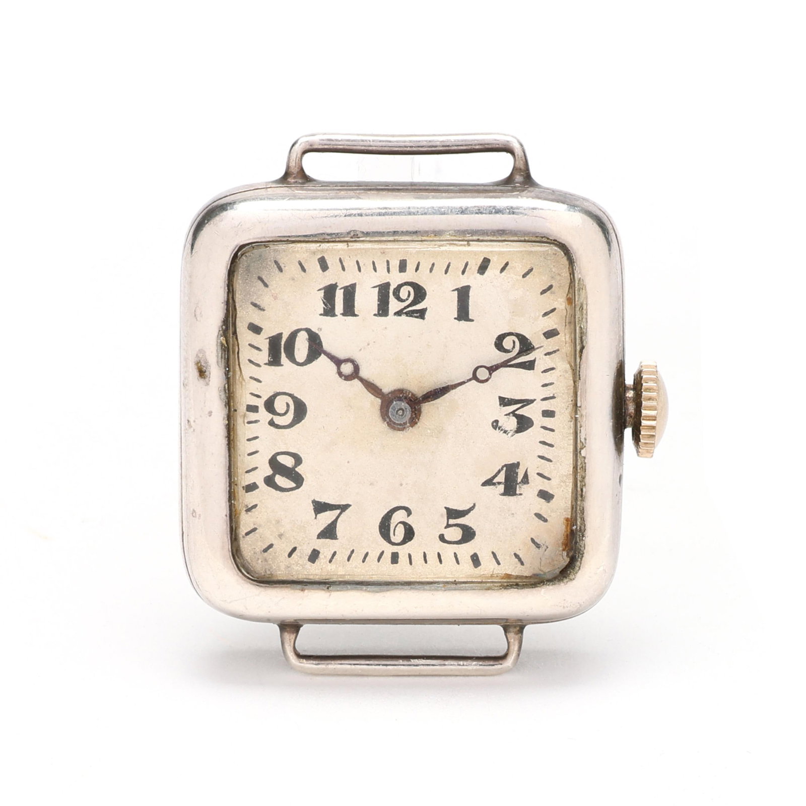 Antique Silver Watch, W. E. Huguenin: Antique Silver Watch, W. E. Huguenincirca 1910, manual wind, serial number 3002801, the square silver case with polished bezel, the silver-tone dial with black Arabic numeral hour markers and black Br