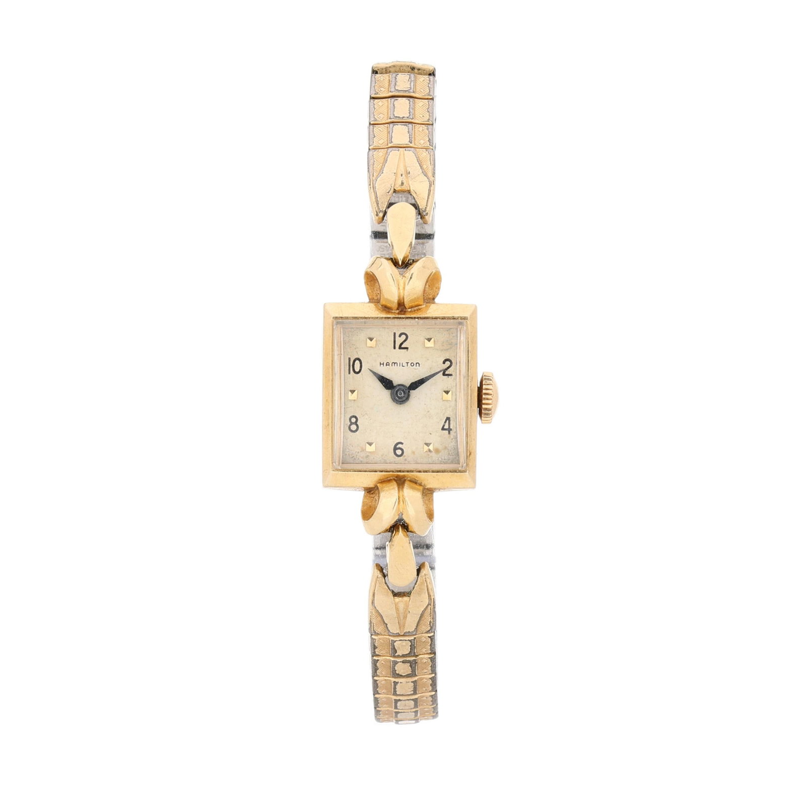 Vintage Lady's Gold Sharon Watch, Hamilton: Vintage Lady's Gold Sharon Watch, Hamiltonmanual wind, Hamilton 750, serial number S294491, movement number 565828A, the rectangular gold case with polished bezel, the signed cream dial with black Ara