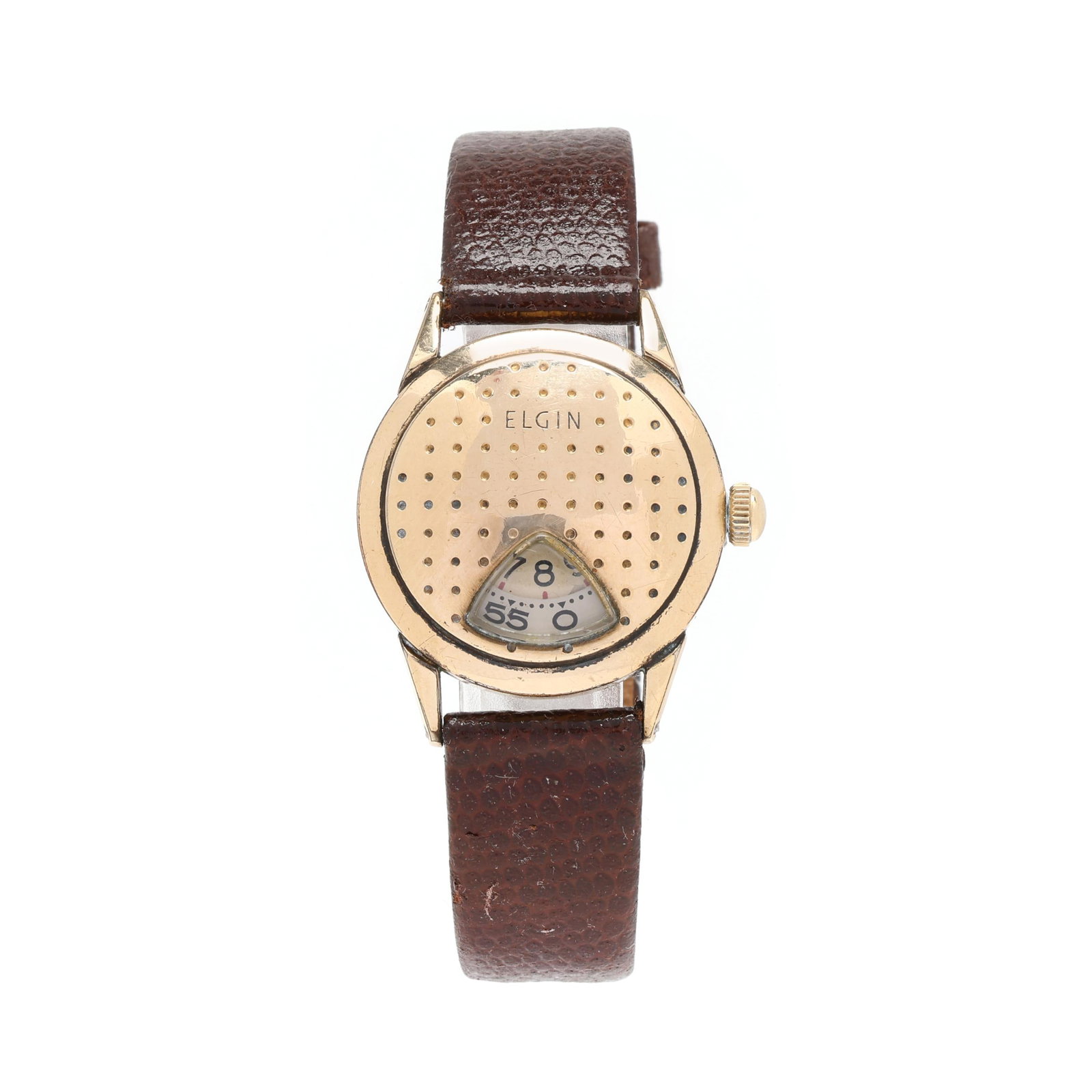 Vintage Gold-Plated Golf Ball Jump Hour Watch, Elgin: Vintage Gold-Plated Golf Ball Jump Hour Watch, Elginmanual wind, Elgin 717, reference number 9587, serial number U179170, the round gold-plated case with signed dimpled front and polished surround and