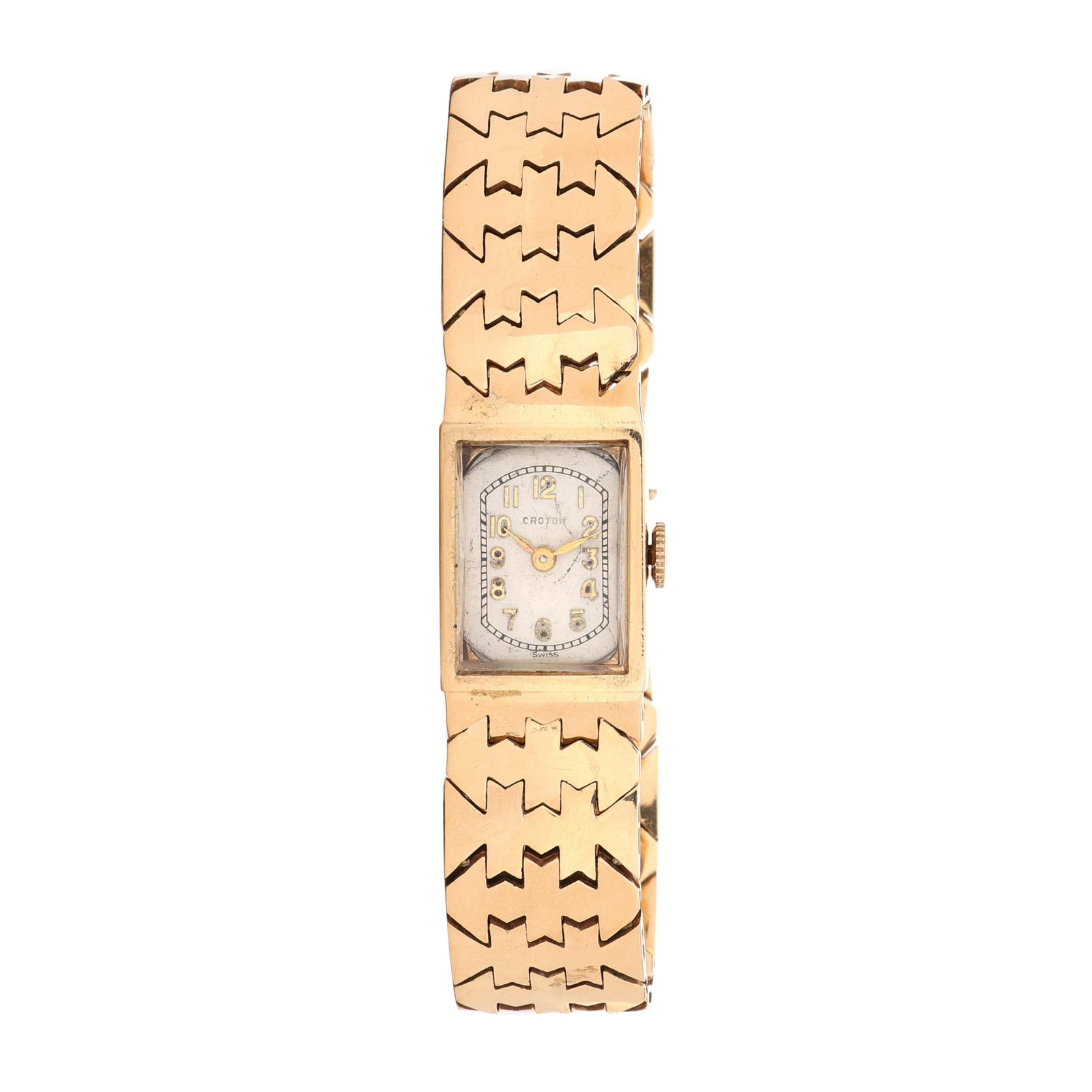 Lady's Vintage Gold Watch, Croton: Lady's Vintage Gold Watch, Crotonmanual wind, the rectangular gold case with polished bezel, the signed silver-tone dial with gold-tone Arabic numeral hour markers and gold-tone leaf hands, the gold l