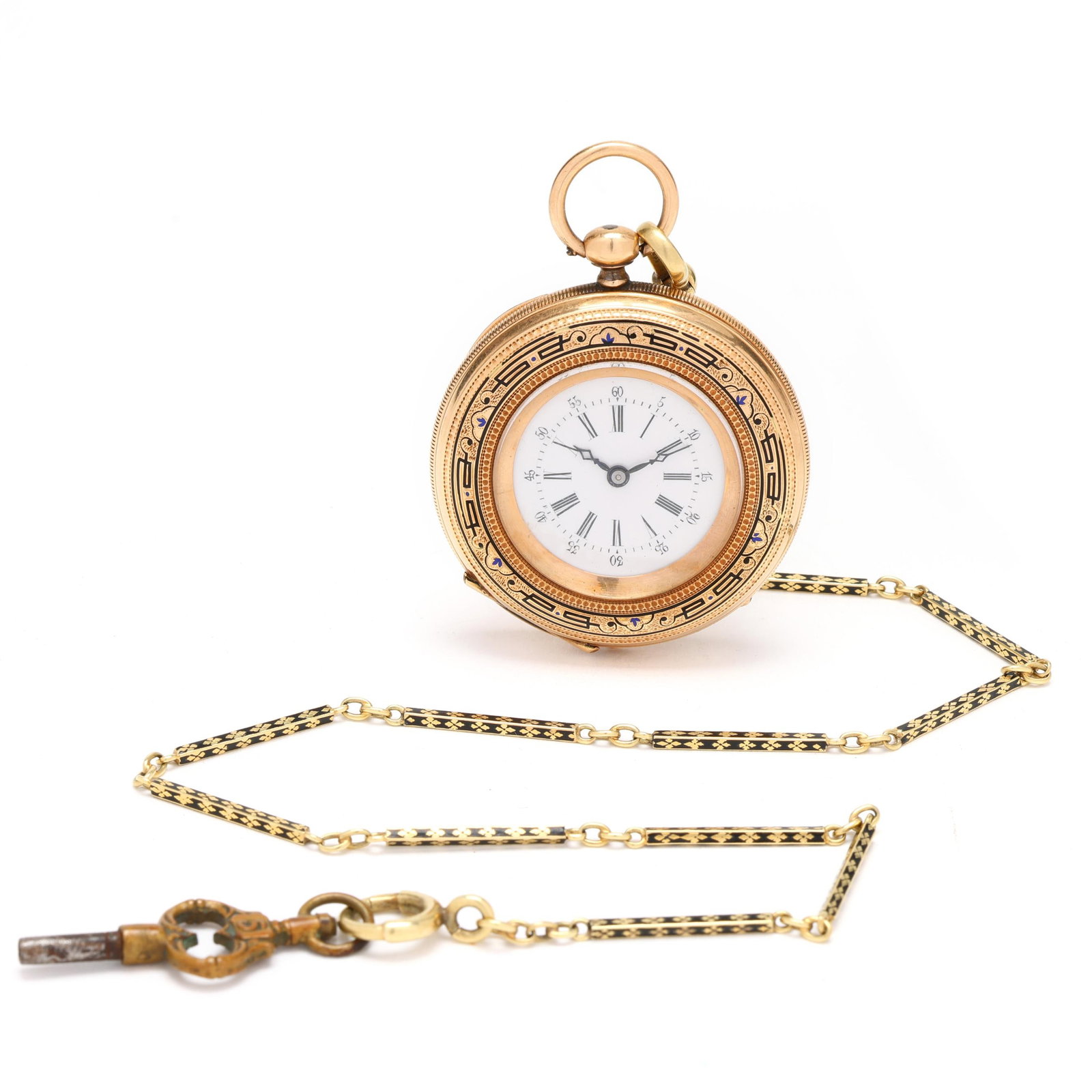 Gold and Enamel Open Face Pocket Watch and Chain, H. Montandon (1 of 9)