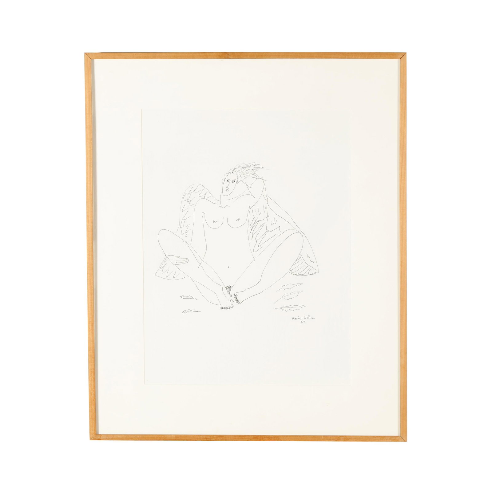 Mario Villa (Nicaraguan-American, 1953-2021), Winged Nude Drawing: Mario Villa (Nicaraguan-American, 1953-2021), Winged Nude Drawing ink on paper, 1988, signed and dated to lower right, presented in gallery framing below glass. Sight size 23 1/2 x 17 in.; Frame dimen