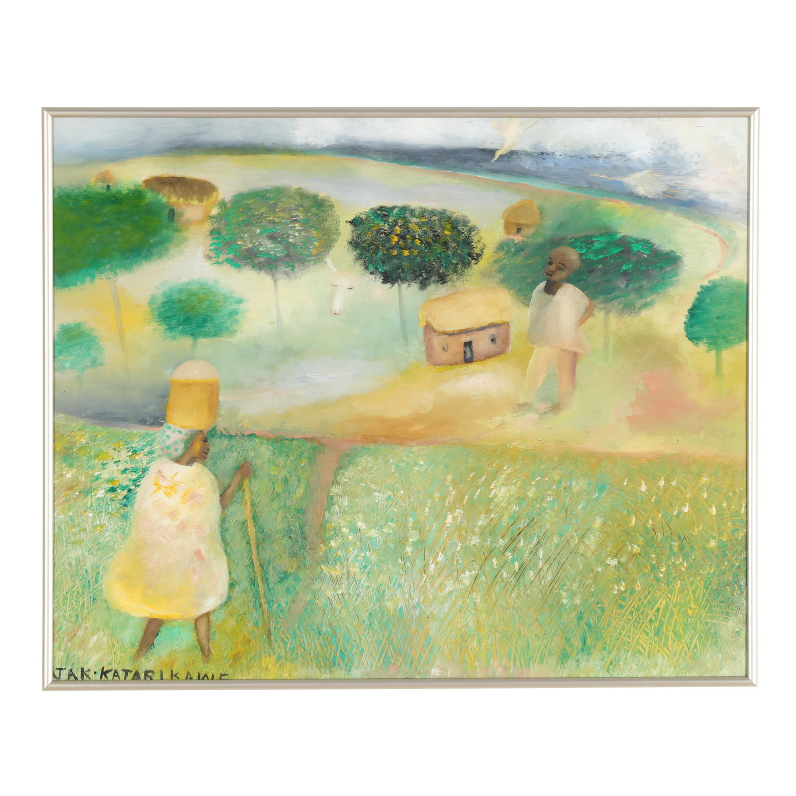 Jak Katarikawe (Ugandan, 1940-2018), Jak's Village: Jak Katarikawe (Ugandan, 1940-2018), Jak's Village oil on paper, signed at lower left, retaining gallery label to verso, framed under glass. Frame dimensions 20 1/4 x 25 1/4 in. Gallery Watatu, Nairob