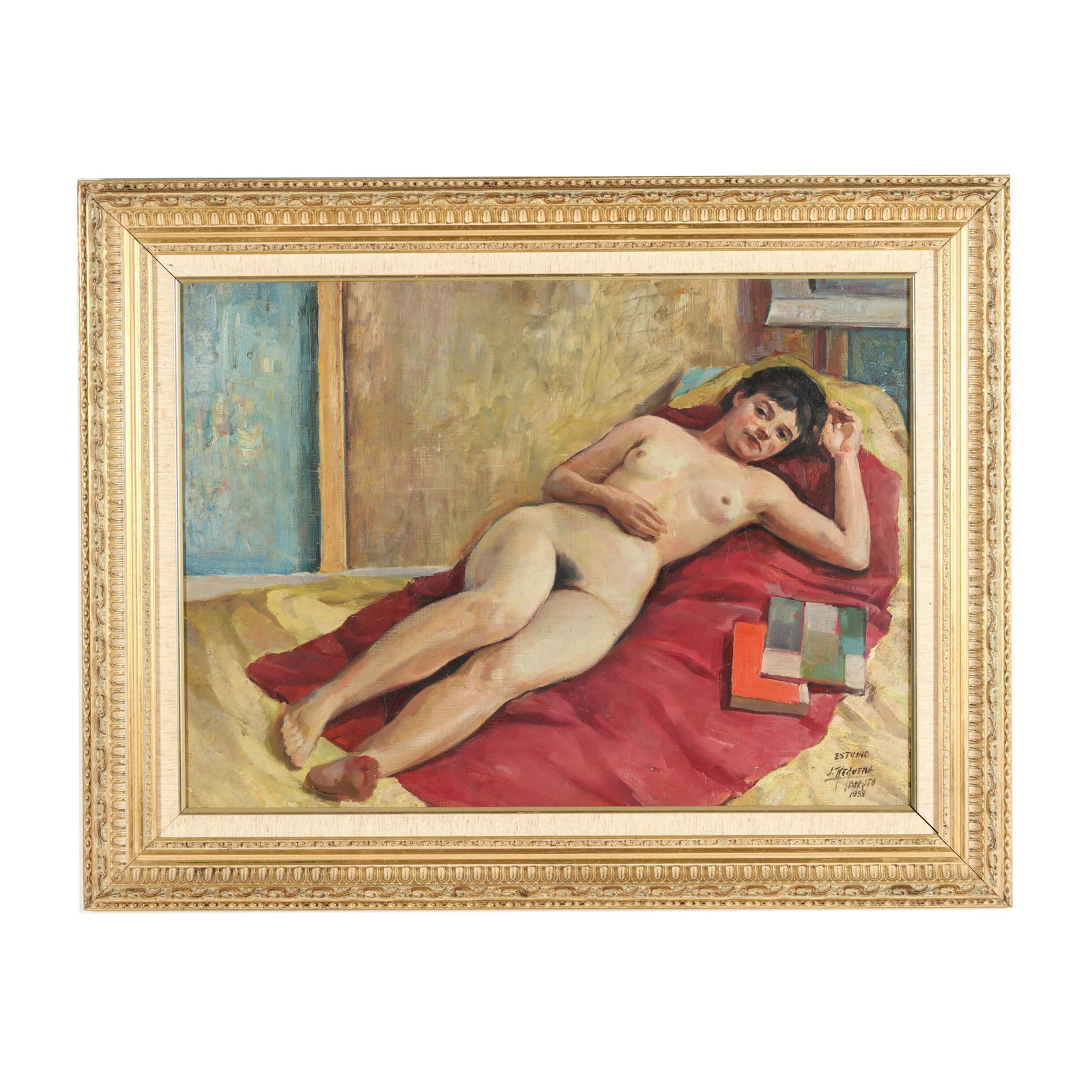 José Requena (Venezuelan, 1913-2008), Reclining Nude: José Requena (Venezuelan, 1913-2008), Reclining Nude oil on Masonite, 1953, signed and inscribed at lower right, presented in a later gilt frame with linen liner. Panel 26 1/4 x 35 1/2 in.; Frame dim