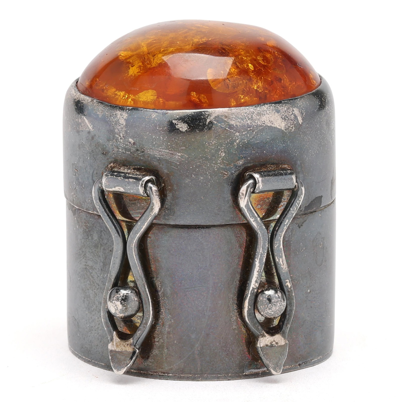 Hand Crafted Sterling Silver and Amber Mounted Box: Hand Crafted Sterling Silver and Amber Mounted Box likely continental, mid-20th century, marked "AW," "HAND ART," and "925," not monogrammed. 1 1/2 x 1 1/2 x 1 1/4 in. From the Estate of the late Terr