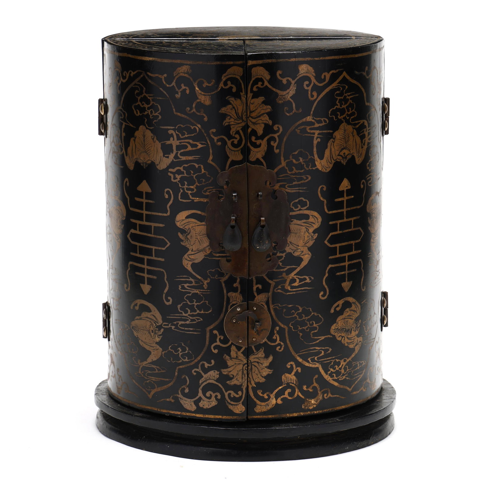 A Chinese Export Lacquered and Gilded Traveling Shrine Cabinet: A Chinese Export Lacquered and Gilded Traveling Shrine Cabinet late 19th century, featuring hand-painted gilt decoration of bats within a cartouche of ruyi clouds, cylindrical form opening to reveal a