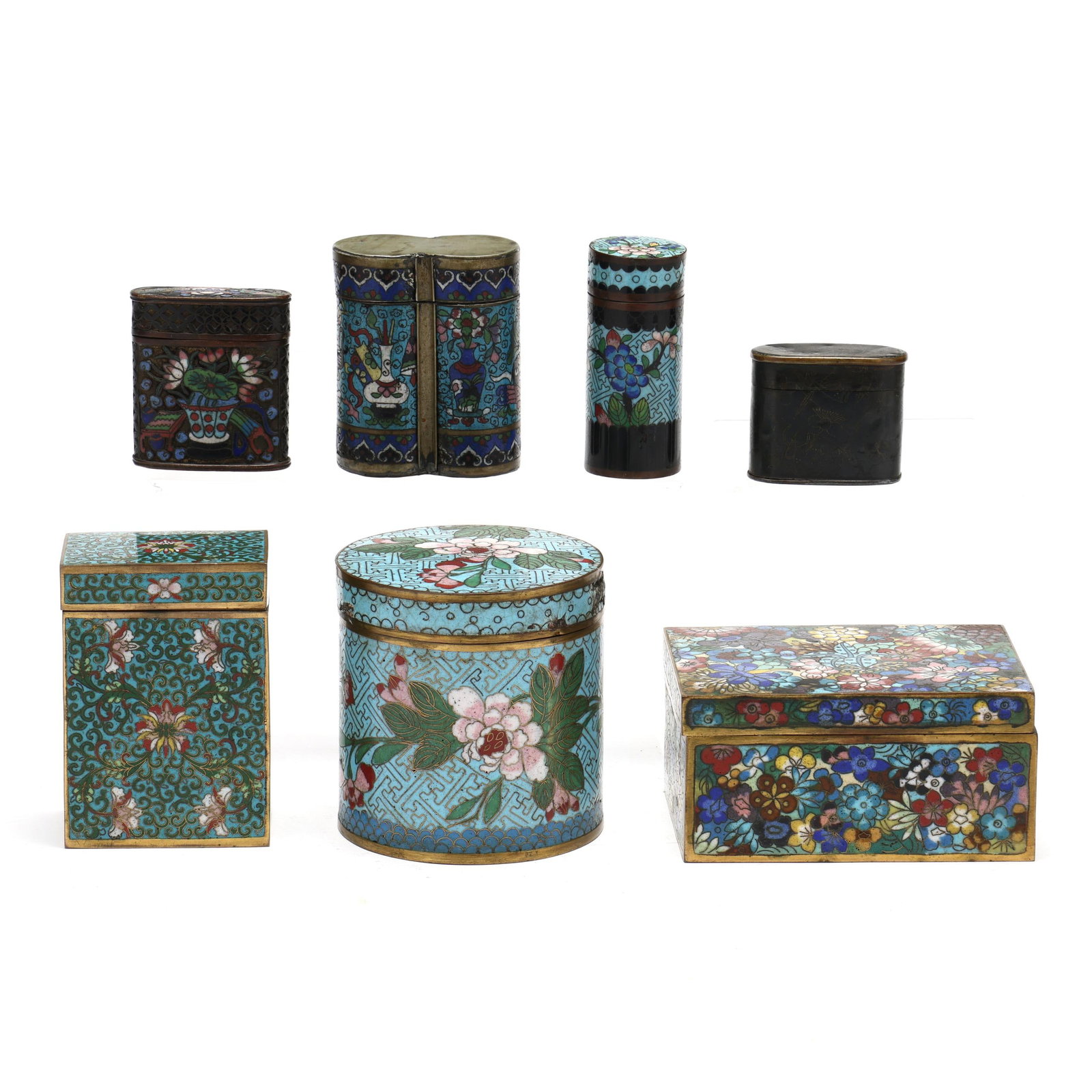 A Group of Seven Asian Cloisonne Covered Boxes: A Group of Seven Asian Cloisonne Covered Boxes late 19th and early 20th century, includes a circular box with cover (4 in., 3 3/4 in. diameter), a card box with hinged cover (4 x 3 x 2 in.), two circu