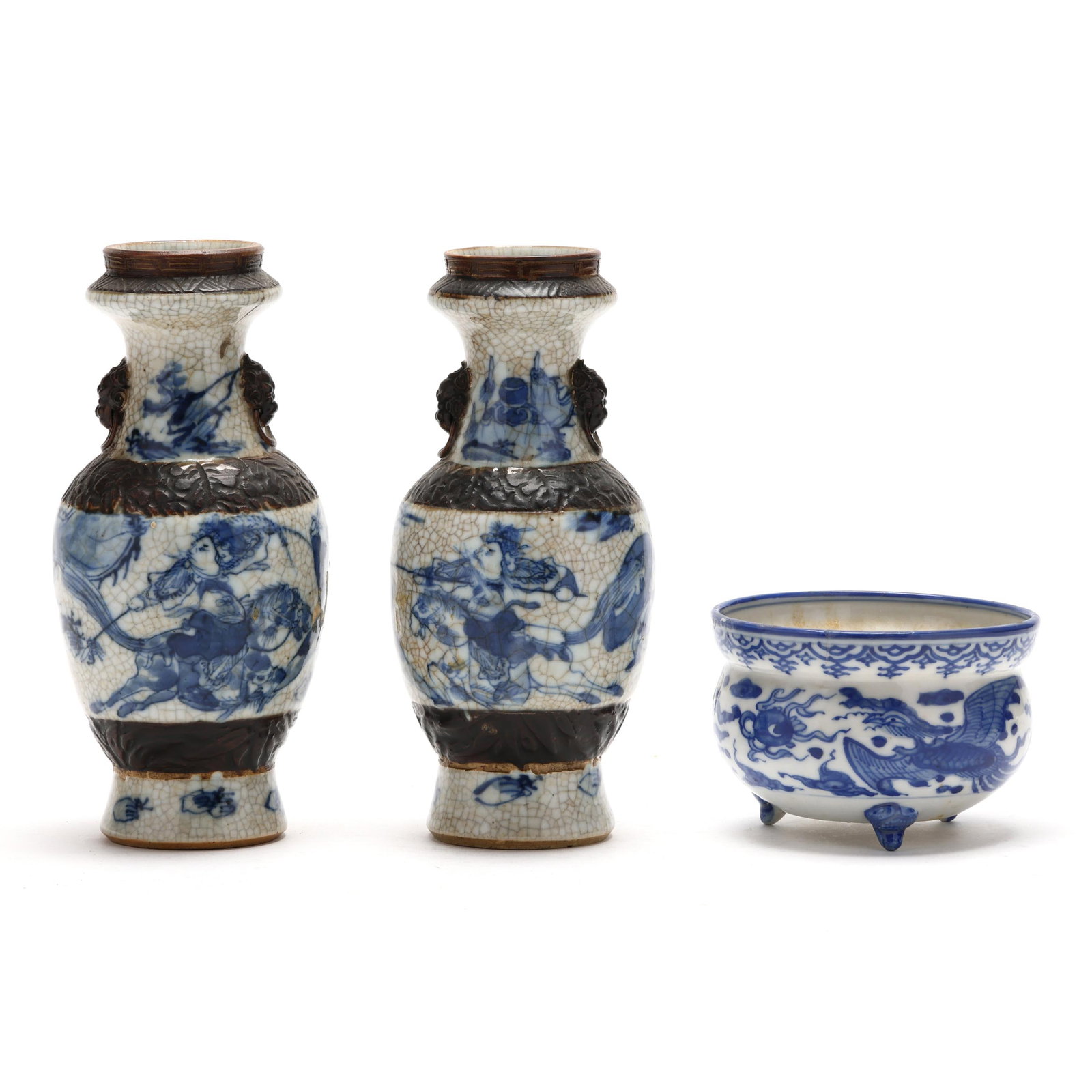 Pair of Chinese Blue & White Crackle Glaze Vases and a Bowl: Pair of Chinese Blue & White Crackle Glaze Vases and a Bowl circa 1900, with four character incised Chenghua mark, carved decoration to waist and base, each hand-painted with warriors in underglaze bl