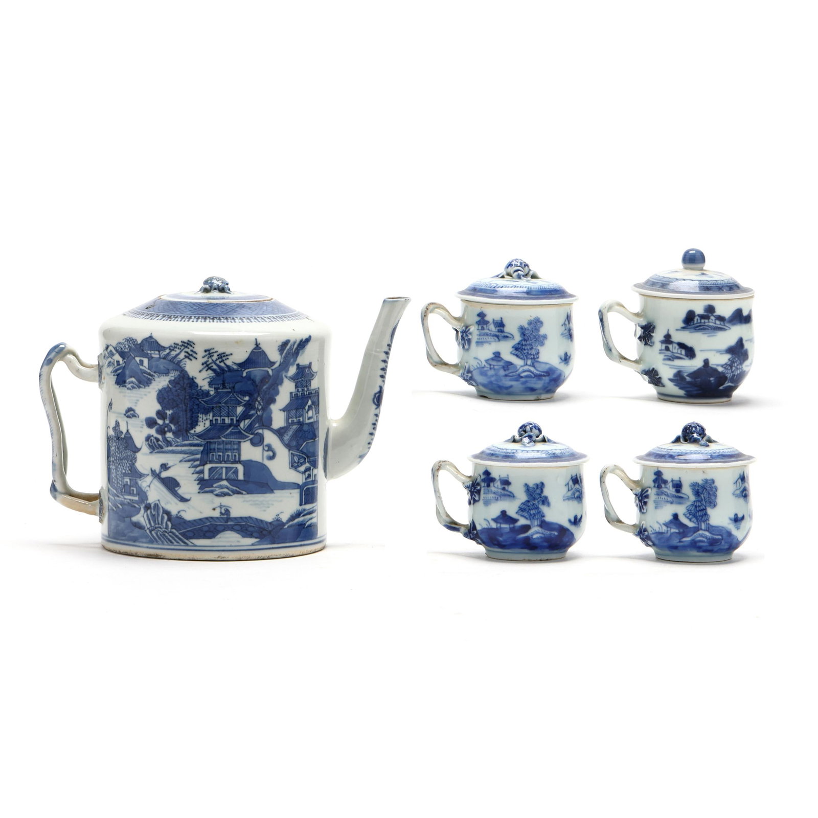 A Chinese Export Porcelain Blue Canton Teapot and Covered Teacups (1 of 9)