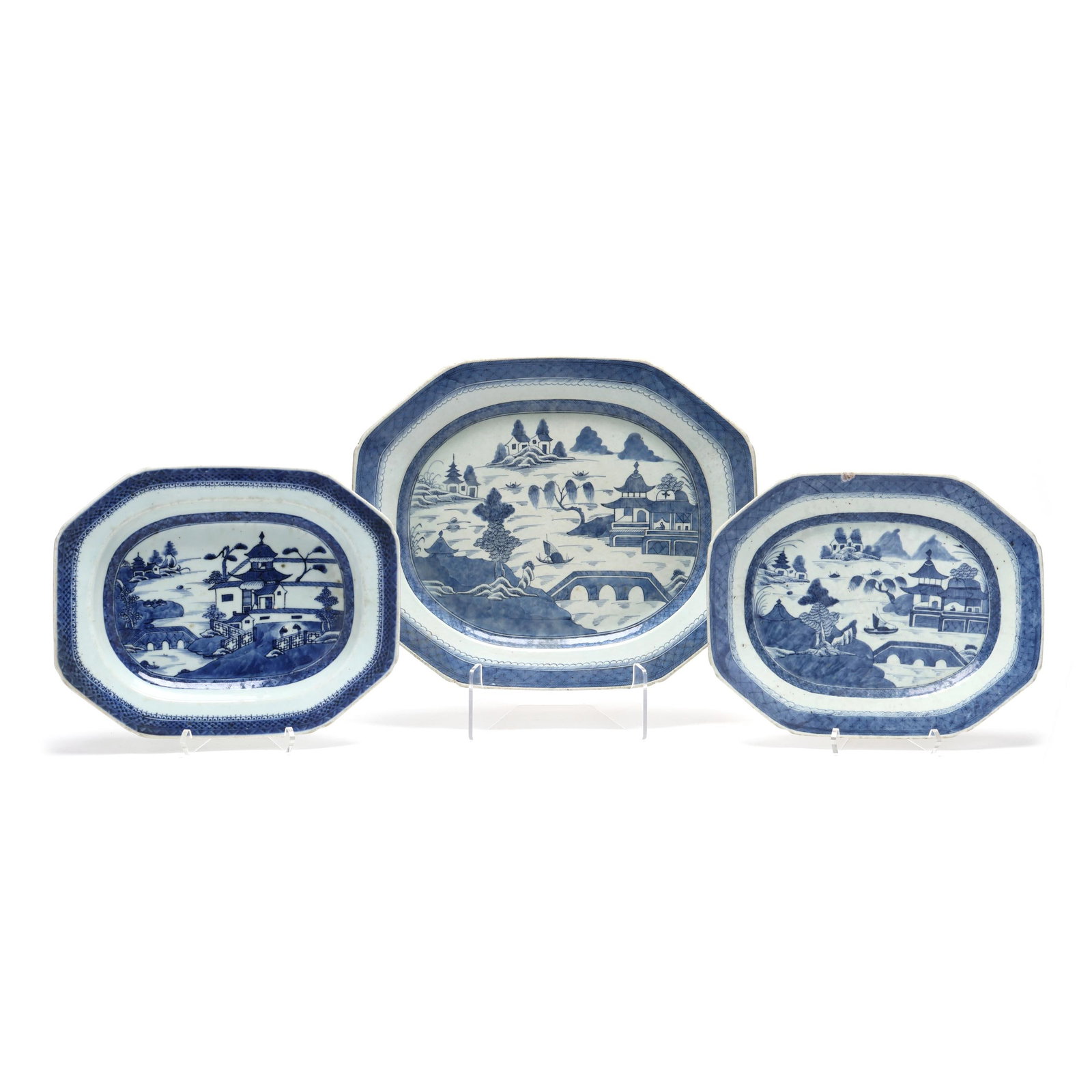 Three Chinese Export Porcelain Blue Canton Octagonal Serving Platters (1 of 6)