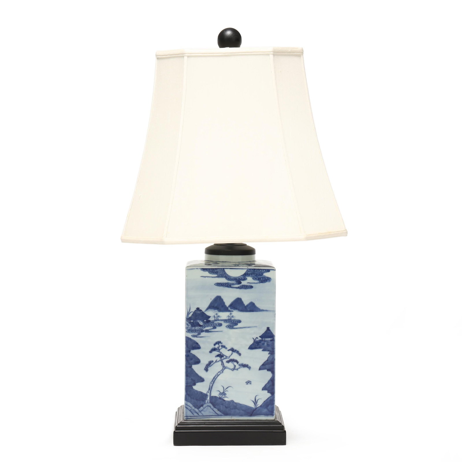 Chinese Export Porcelain Blue and White Canton Table Lamp: Chinese Export Porcelain Blue and White Canton Table Lamp 20th century, canister form, mounted to an ebonized base, fitted with a ball final and fabric shade. DOA 32 x 17 x 17 in. From the Estate of t