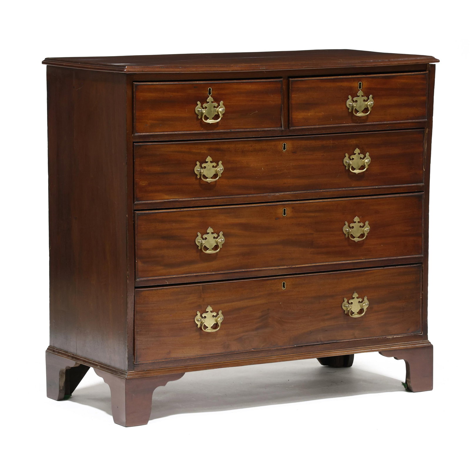 George III Mahogany Chest of Drawers: George III Mahogany Chest of Drawers early 19th century, top with applied molded edge, two over three graduated cock beaded drawers, straight bracket foot base. 41 x 43.25 x 20.5 in. From the Estate o