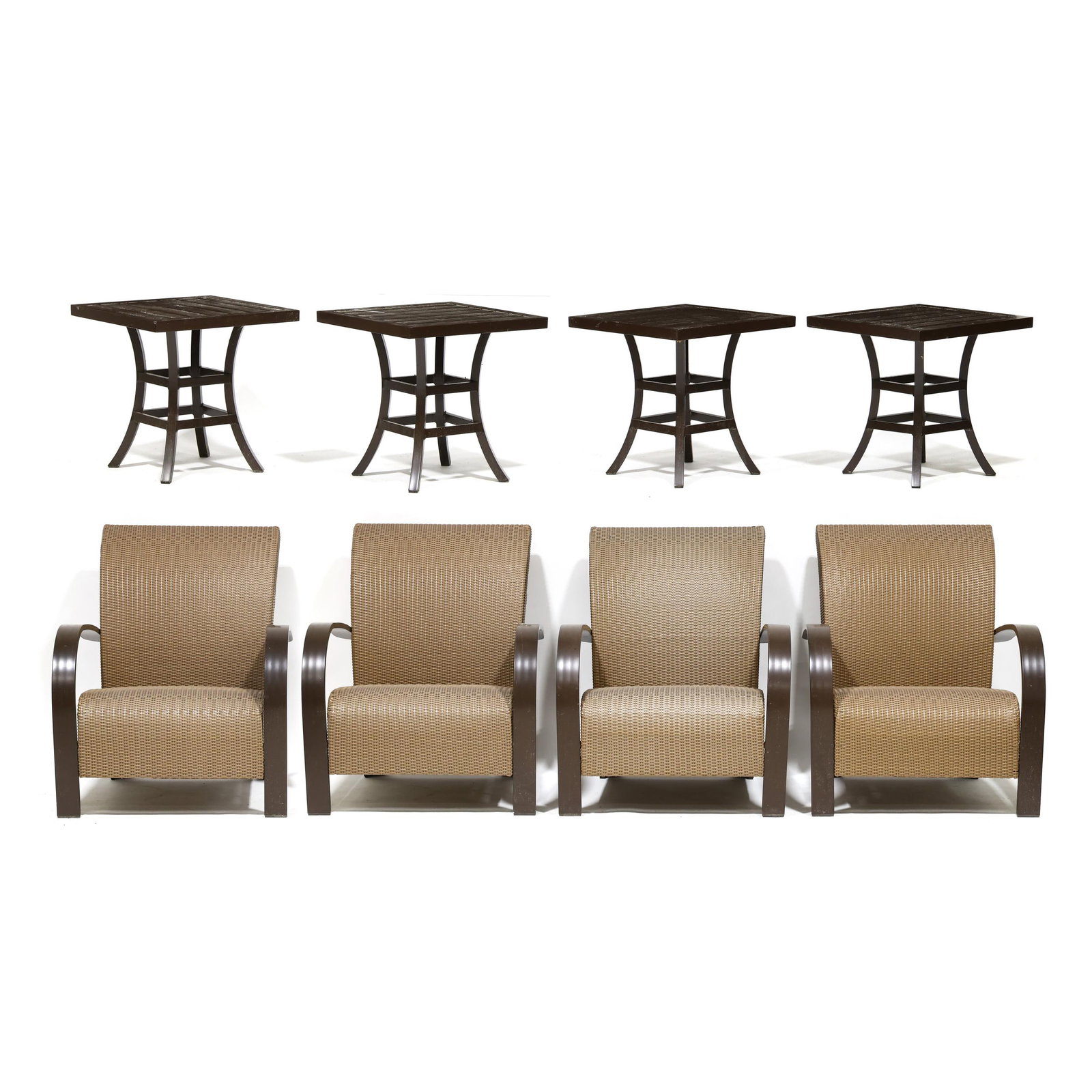 Thomas Baker, Four Outdoor Armchairs, Side Tables: Thomas Baker, Four Outdoor Armchairs, Side Tables contemporary, brown painted aluminum and woven plastic, including four armchairs (36 x 30 x 30 in.); and four side tables (22 x 22 x 22 in.). From the