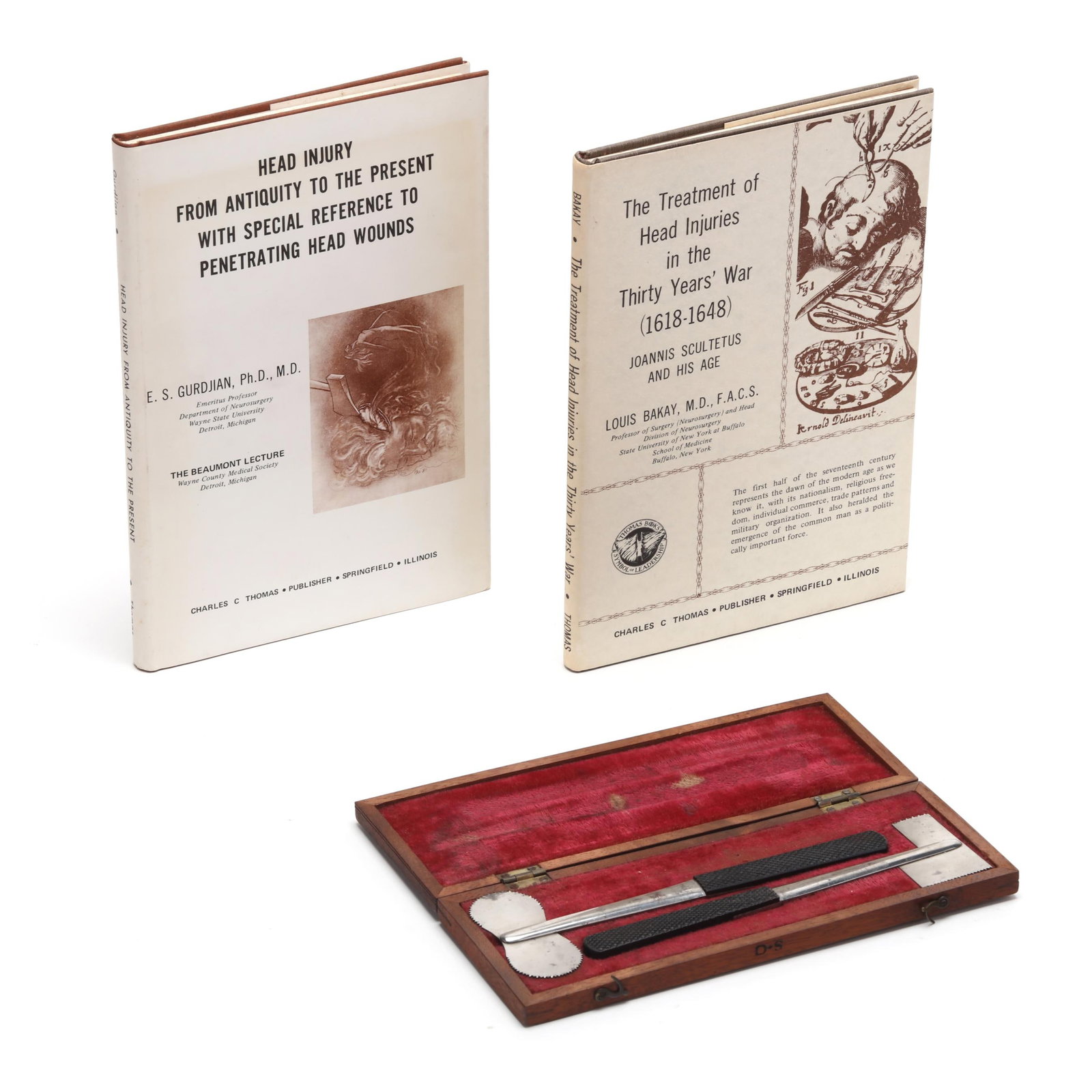 Set of Antique Hey's Skull Saws and Two Books on Head Injuries (1 of 8)