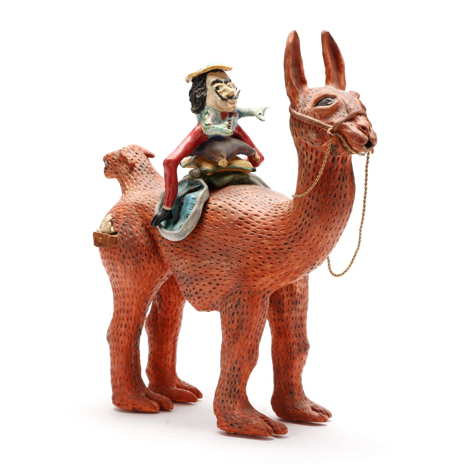 Carol Gentithes (NC), The Dali Lama Teapot: Carol Gentithes (NC), The Dali Lama Teapot circa 2000, two part form with a figural lid depicting Salvador Dali atop a mythological lama with gold tone chain and accents as shown throughout Dali's sur