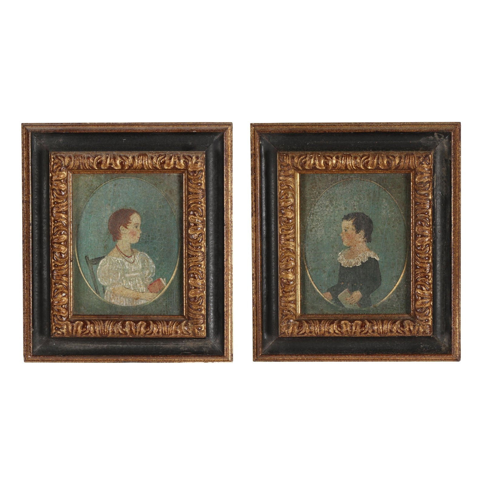 Pair of Antiqued Folk Art Prints: Pair of Antiqued Folk Art Prints late 20th century, giclees with intentional antiquing to the surface, in the early American folk art style, presented in uniform framing. Frame dimensions 11 1/2 x 10 