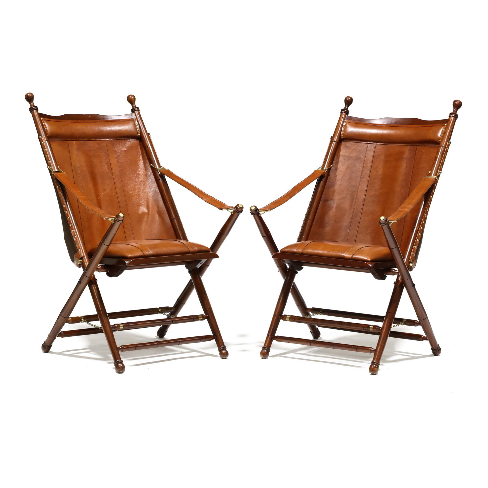Palecek, Pair of Mahogany and Leather Campaign Style Chairs: Palecek, Pair of Mahogany and Leather Campaign Style Chairs contemporary, Made in the Indonesia, folding form with brass accents, labeled. 43 x 26 x 30 in. Additional high-resolution photos are availa