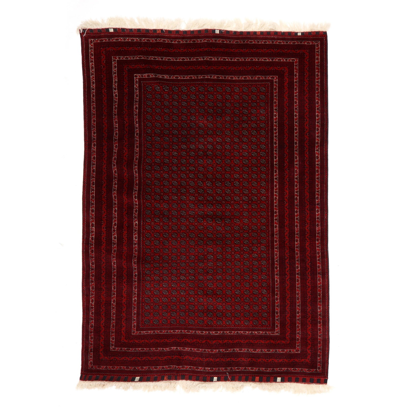 Afghani Carpet: Afghani Carpet wool on wool foundation, the red field with small repeating octagonal guls separated by small cross shaped guls, within many narrow geometric and stylized foliate borders with orange an