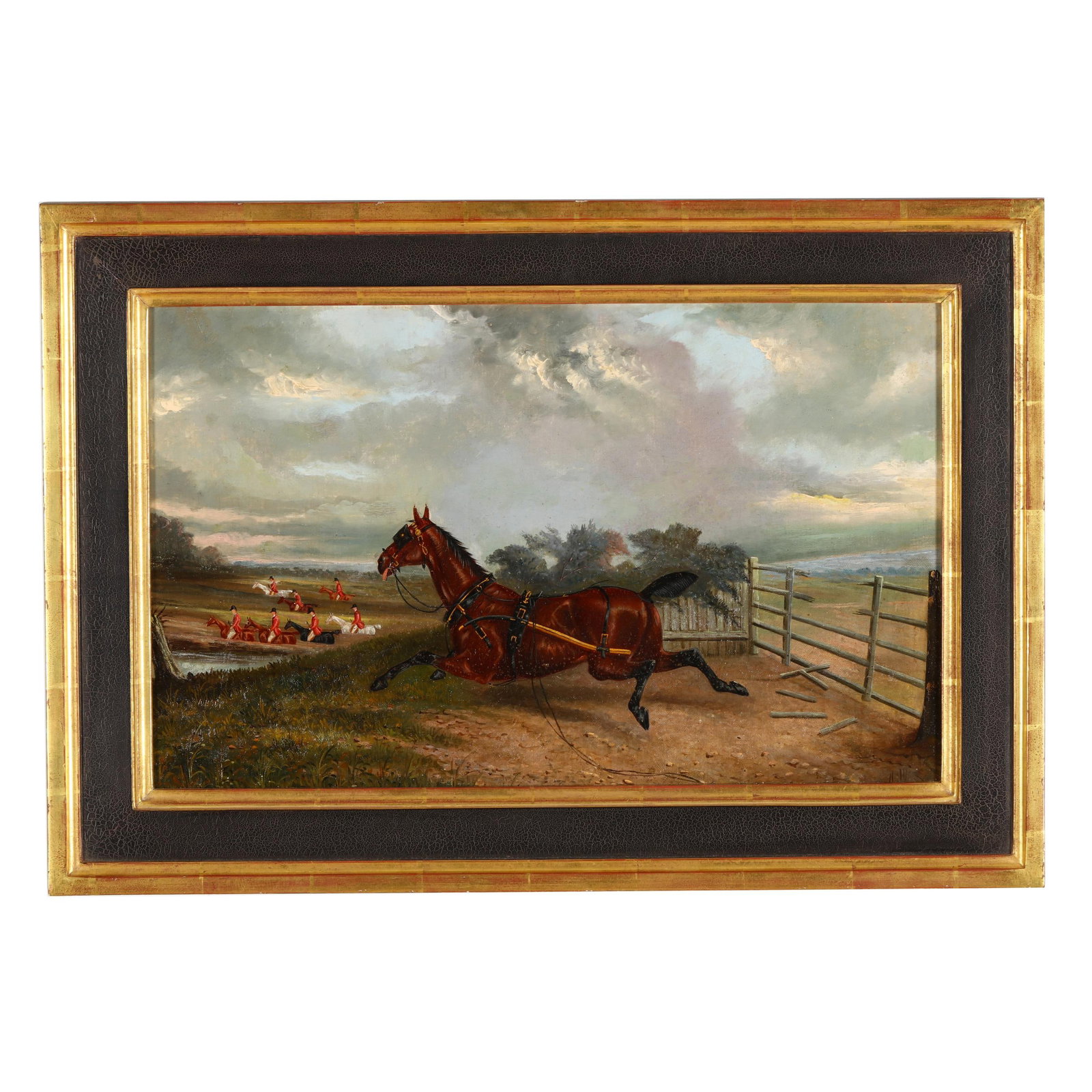 English School (Late 19th Century), Longing For the Hunt: English School (Late 19th Century), Longing For the Hunt oil on canvas (laid on board), signed illegibly at lower right, presented in a parcel gilt frame. Board 14 1/2 x 23 1/2 in.; Frame dimensions 2