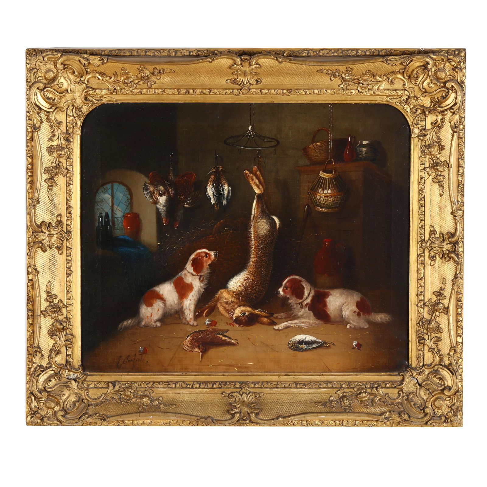 Edward Armfield (British, 1817-1896), Spaniels in a Game Larder: Edward Armfield (British, 1817-1896), Spaniels in a Game Larder oil on canvas, signed at lower left, presented in an ornate period gilt composition frame. Stretcher size 18 3/4 x 24 in.; Frame dimensi