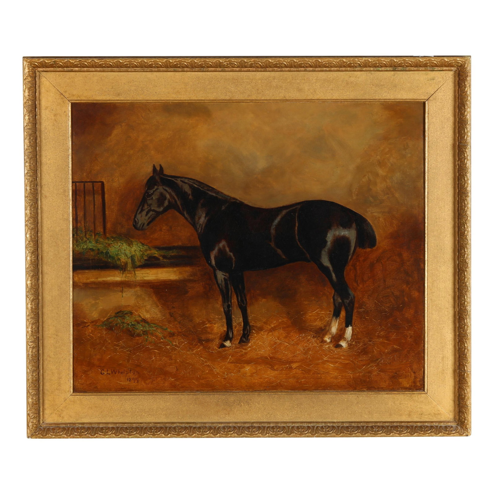 Gertrude L. Whelpton (British, 1867-1963), Thoroughbred in a Stable: Gertrude L. Whelpton (British, 1867-1963), Thoroughbred in a Stable oil on canvas (lined), 1899, signed and dated at lower left, retaining a gallery label to the verso, presented in a gilt frame. Stre