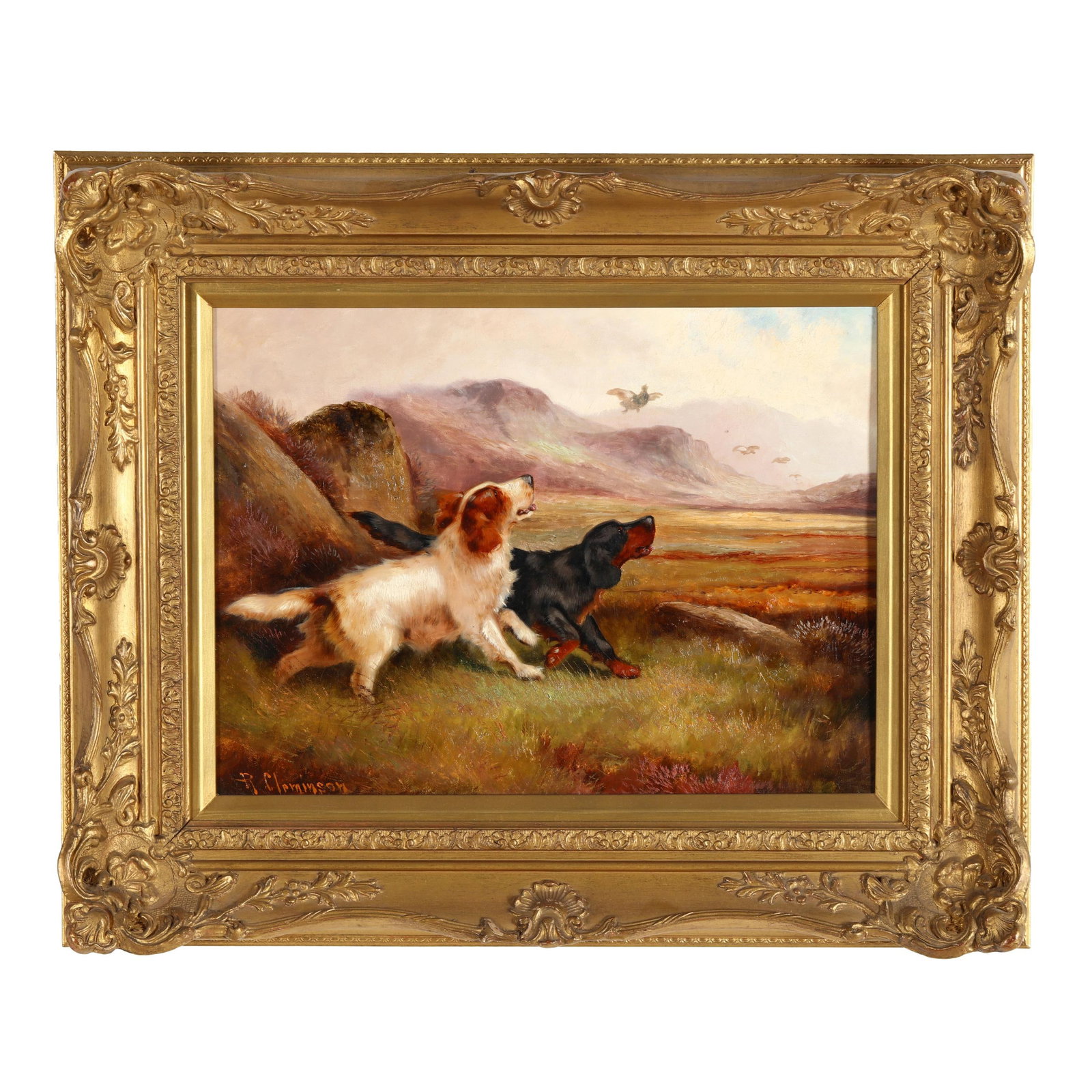 Robert Cleminson (British, 1844-1903), Setters Flushing Grouse: Robert Cleminson (British, 1844-1903), Setters Flushing Grouse oil on canvas, signed at lower left, presented in a giltwood frame. Stretcher size 12 14 x 16 1/4 in.; Frame dimensions 18 3/4 x 22 3/4