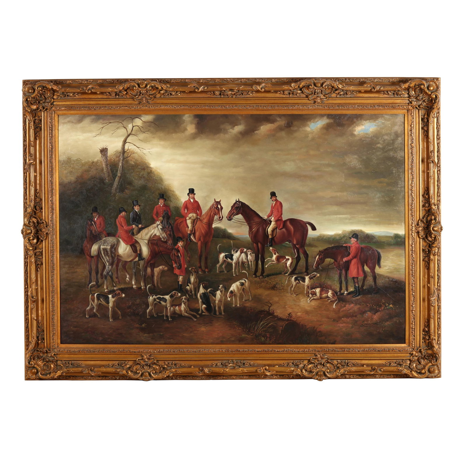 An Impressively Large Decorative Painting of a Fox Hunt: An Impressively Large Decorative Painting of a Fox Hunt oil on canvas, late 20th century, signed at lower right, presented in a gilt frame. Frame dimensions 62 x 86 in. Private Collection,