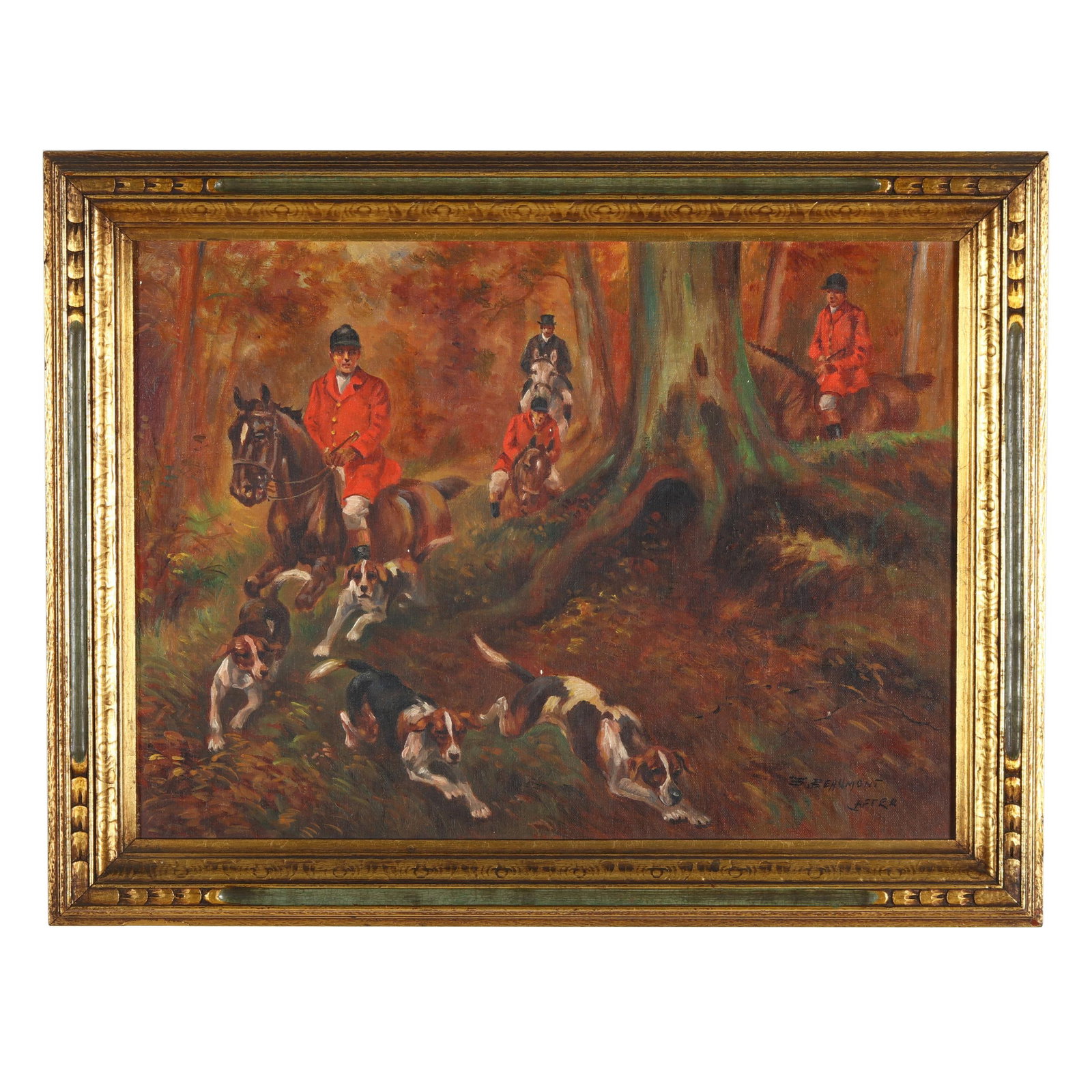 Thomas Dalton Beaumont (Canadian-American, 1867-1934), Fox Hunt: Thomas Dalton Beaumont (Canadian-American, 1867-1934), Fox Hunt oil on canvas (mounted to board), signed at lower right, framed. Board 14 1/4 x 19 in.; Frame dimensions 17 3/4 x 22 3/4 in. Thomas Dalt