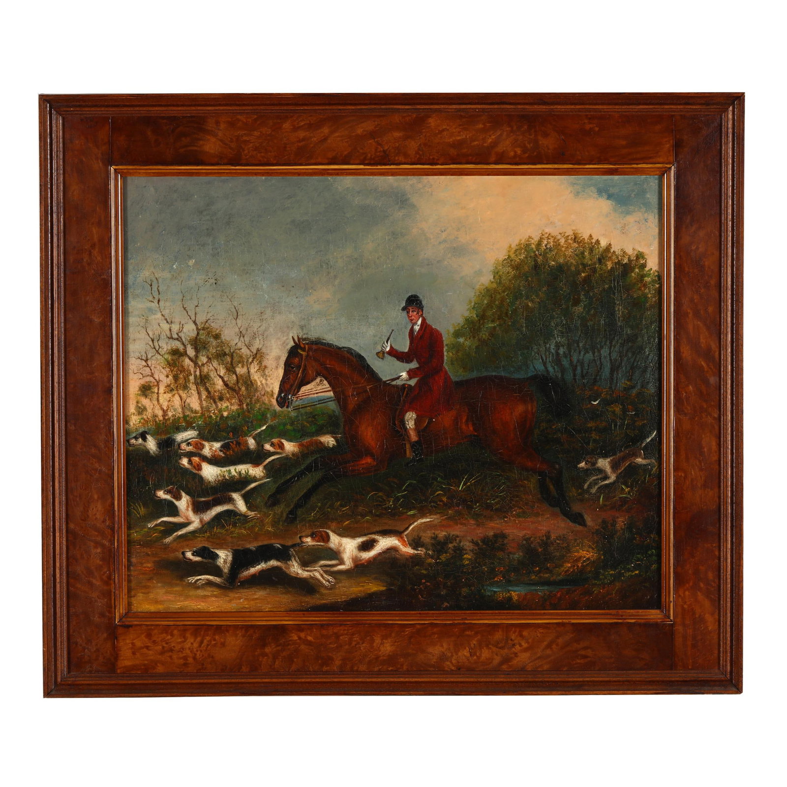 English School (19th Century), Huntsman with Foxhounds: English School (19th Century), Huntsman with Foxhounds oil on canvas (lined), unsigned, presented in a later burlwood veneered frame. Stretcher size 17 x 21 1/4 in.; Frame dimensions 22 1/2 x 26 1/2