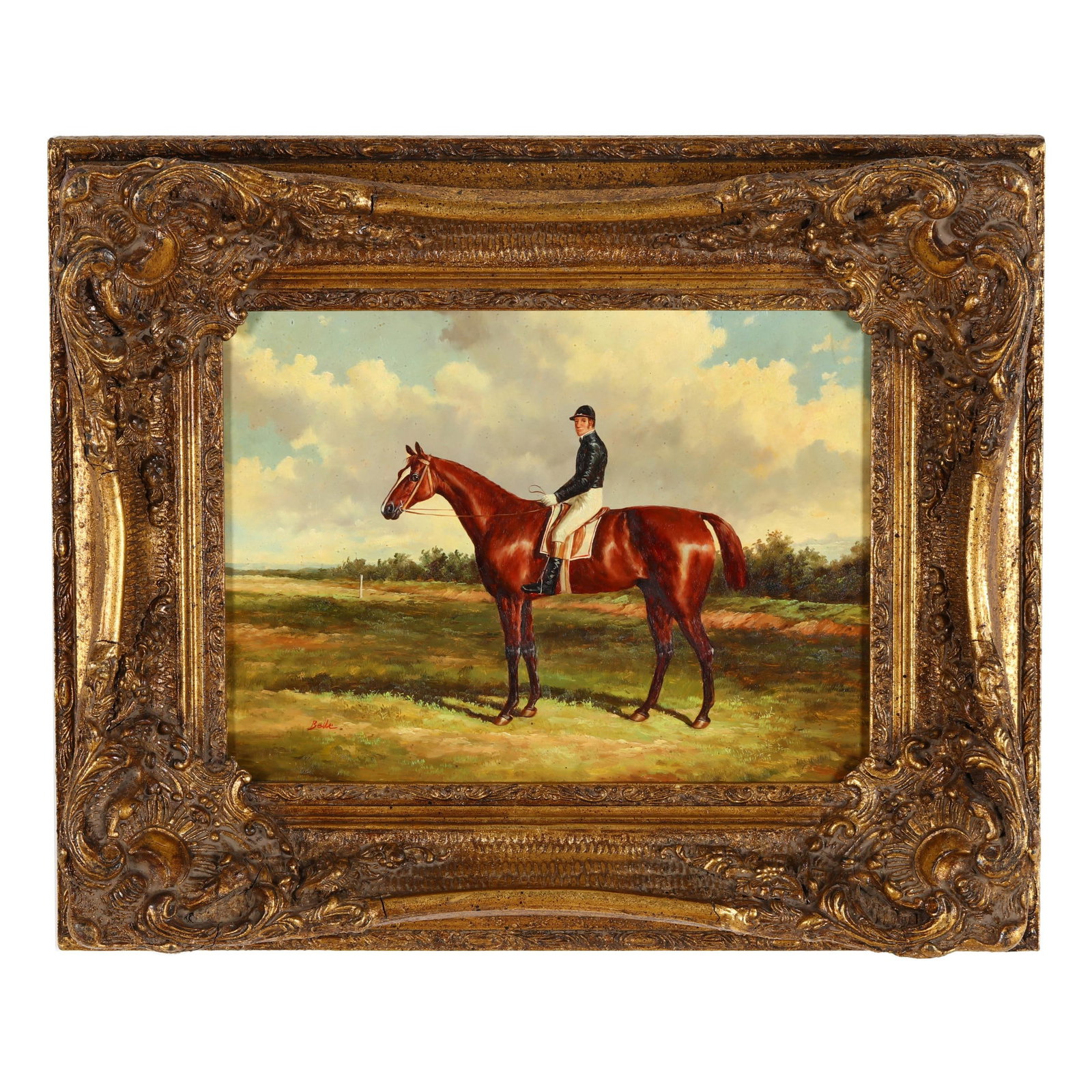 Contemporary Painting of a Horse and Jockey: Contemporary Painting of a Horse and Jockey oil on panel, signed "Belle" at lower left, presented in an ornate giltwood frame, labeled. Panel 12 x 16 in.; Frame dimensions 19 3/4 x 24 in. Private Coll