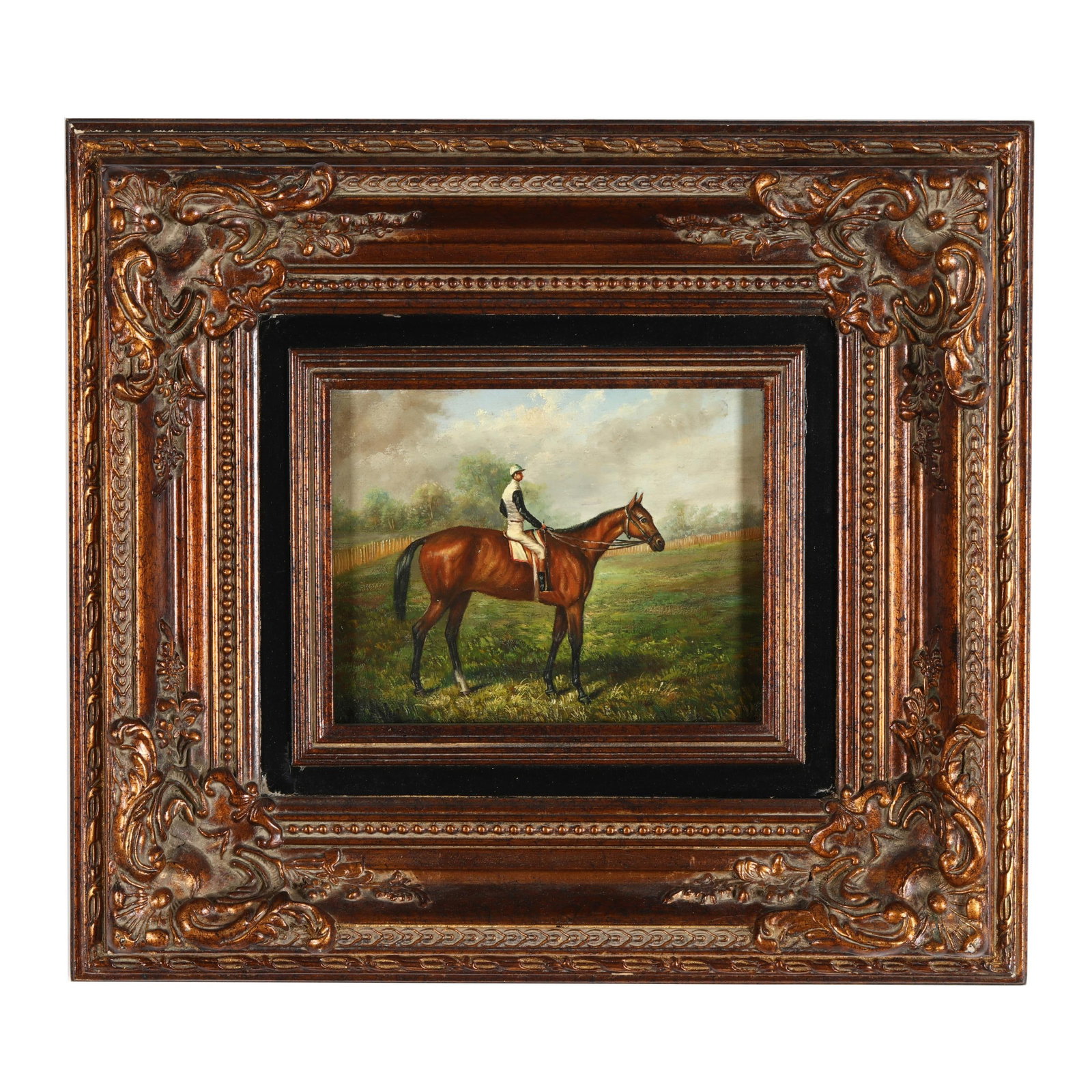Contemporary Painting of a Race Horse and Jockey: Contemporary Painting of a Race Horse and Jockey oil on canvas, not signed, presented in an ornate frame. Stretcher size 8 1/4 x 10 in.; Frame dimensions 19 x 21 in. Additional high-resolution photos 