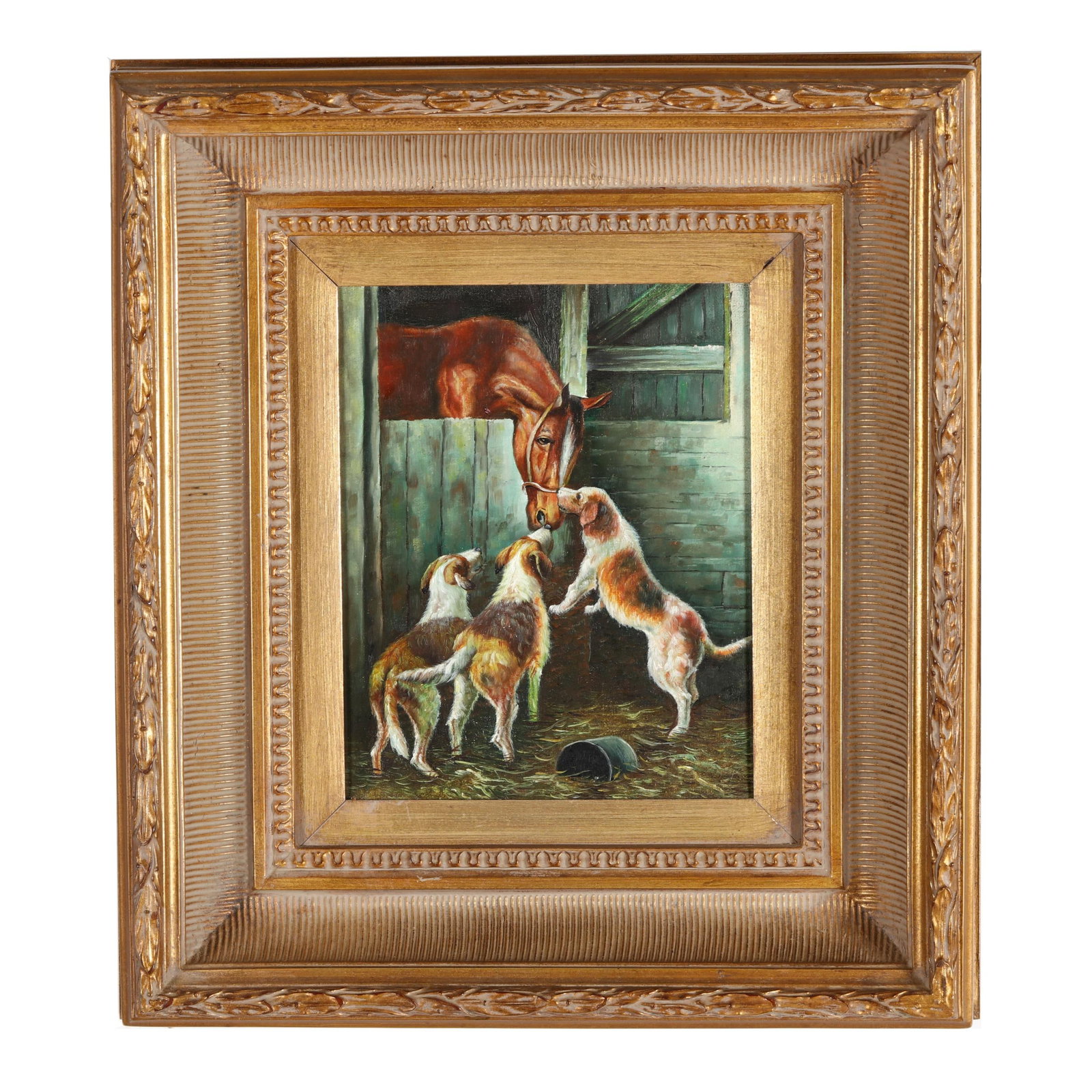 Contemporary Painting of Horse and Hounds in a Stable: Contemporary Painting of Horse and Hounds in a Stable oil on canvas, not signed, presented in a giltwood frame. Stretcher size 10 x 8 in.; Frame dimensions 18 x 16 in. Additional high-resolution