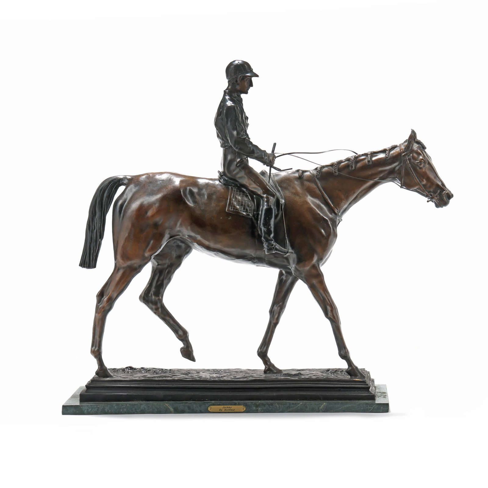 after Isidore Jules Bonheur (French, 1827-1901), Jockey: after Isidore Jules Bonheur (French, 1827-1901), Jockey second half 20th century, patinated bronze, signed "I. BONHEUR" to the terrace, mounted atop a green marble base with brass gallery plaque. 29
