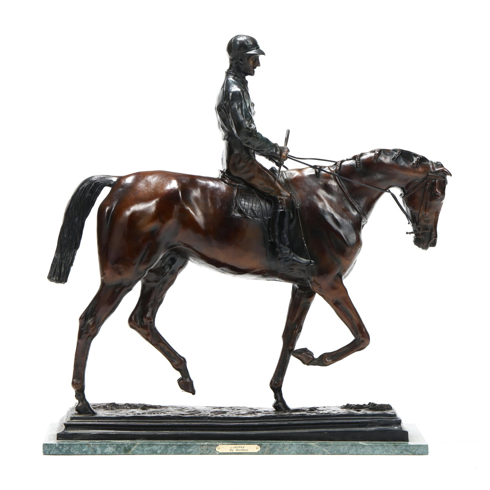 after Isidore Jules Bonheur (French, 1827-1901), Jockey: after Isidore Jules Bonheur (French, 1827-1901), Jockey second half 20th century, patinated bronze, signed "I. BONHEUR" to ground terrace, each mounted atop a green marble base, retaining engraved
