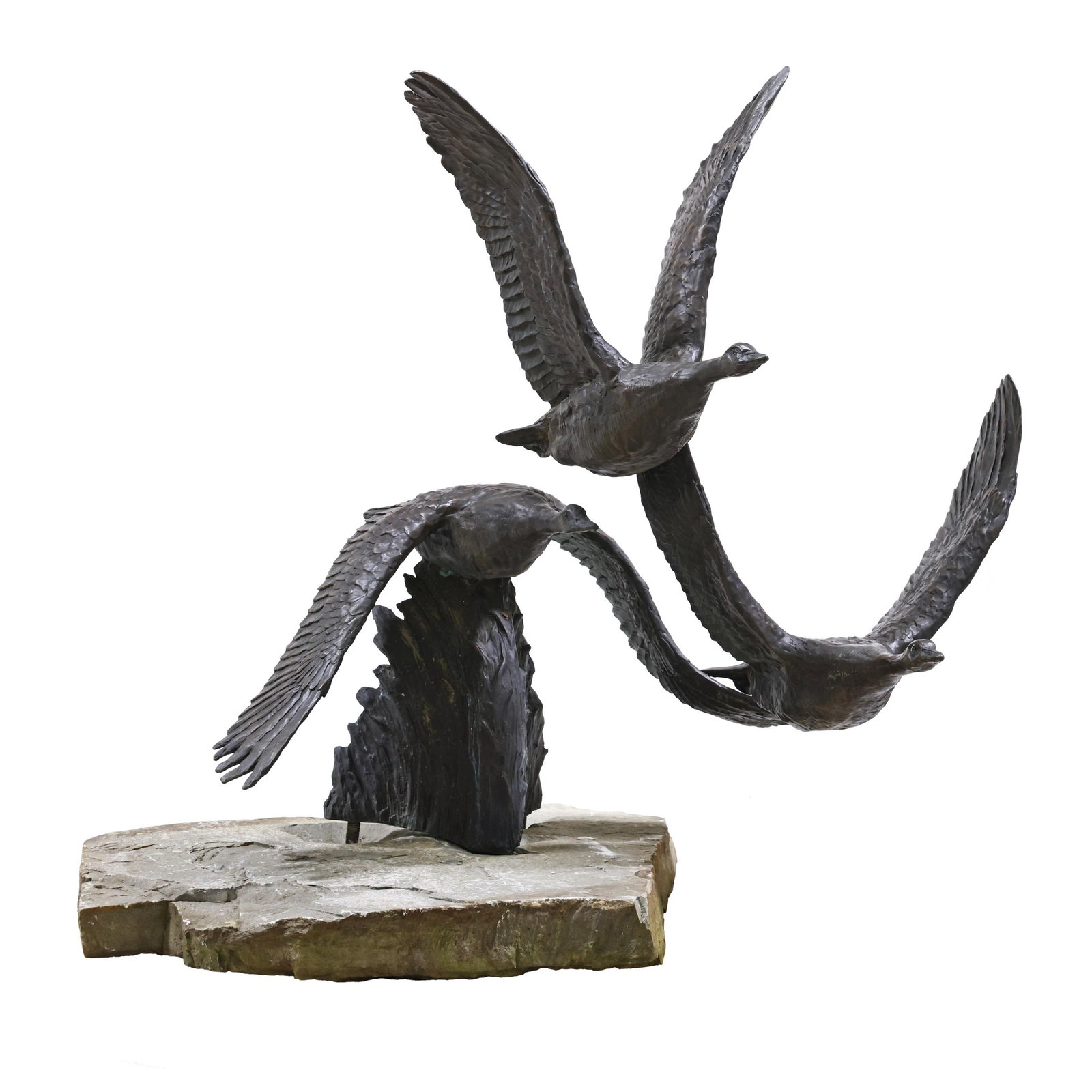 Ken Bjorge (American, 1943-2025), Heading Out , Commissioned Monumental Bronze Statue: Ken Bjorge (American, 1943-2025), Heading Out, Commissioned Monumental Bronze Statue larger than life scale statue of three Canada Geese taking flight, patinated bronze, limited edition numbered 4 of 