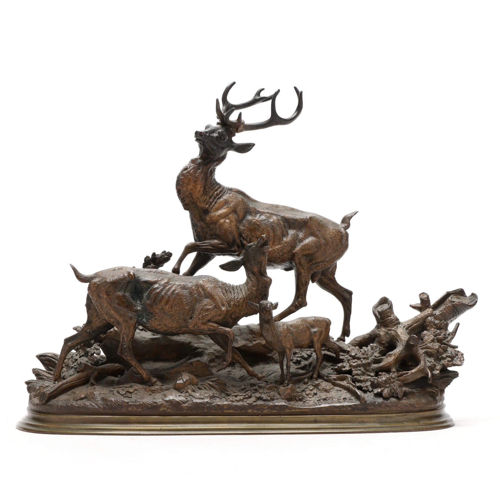 Paul-Edouard Delabrierre (French, 1829-1912), Famille de Cerfs: Paul-Edouard Delabrierre (French, 1829-1912), Famille de Cerfs patinated bronze, signed "E. DELABRIERRE" to the obverse naturalistic terrace edge, depicting a proud ten-point stag on a stumpy outcrop