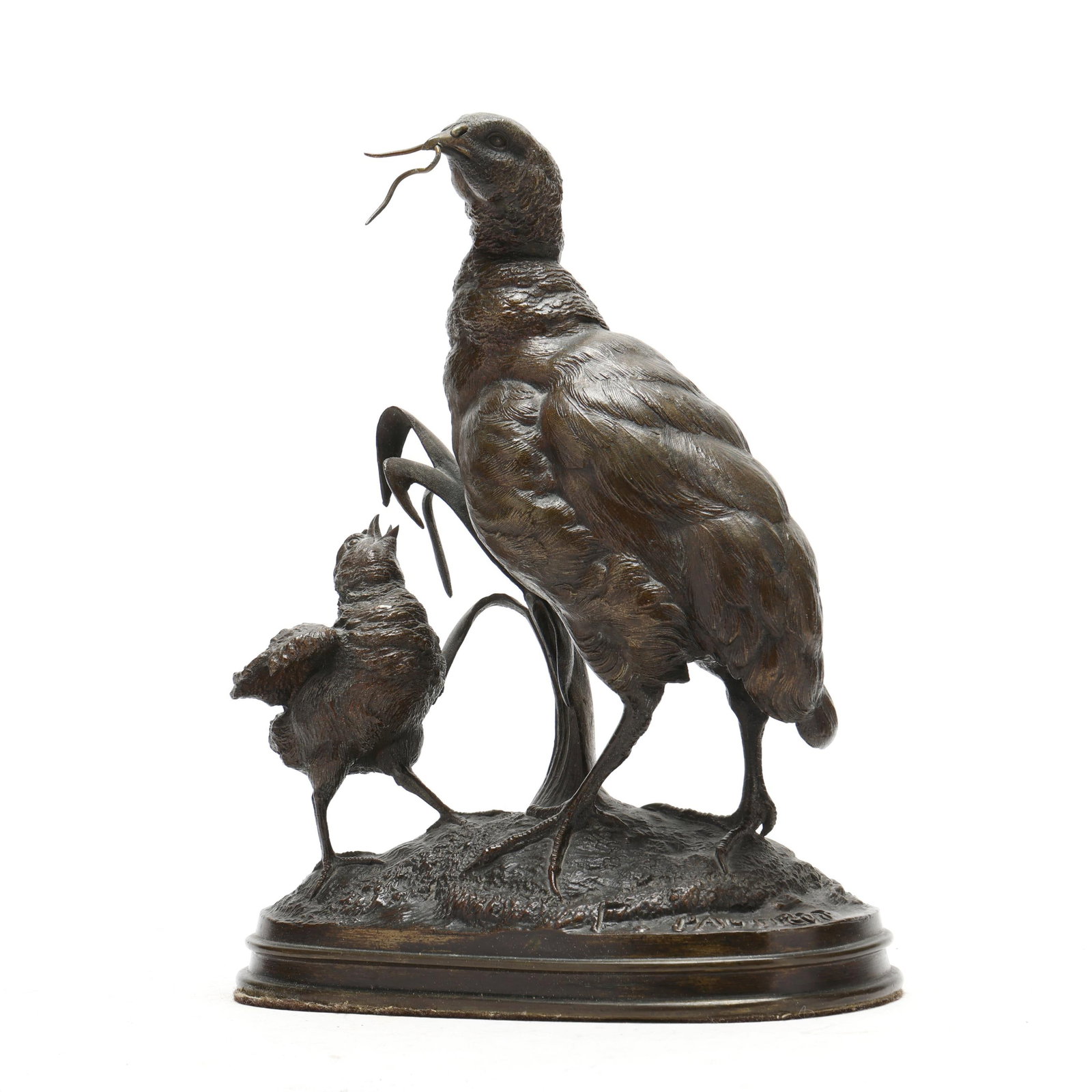 Ferdinand Pautrot (French, 1832-1875), Partridge Feeding Its Young: Ferdinand Pautrot (French, 1832-1875), Partridge Feeding Its Young patinated bronze, signed "F. PAUTROT" to the terrace edge. 10 3/8 x 7 3/4 x 4 in. Animalier sculptor, Ferdinand Pautrot, was born in 