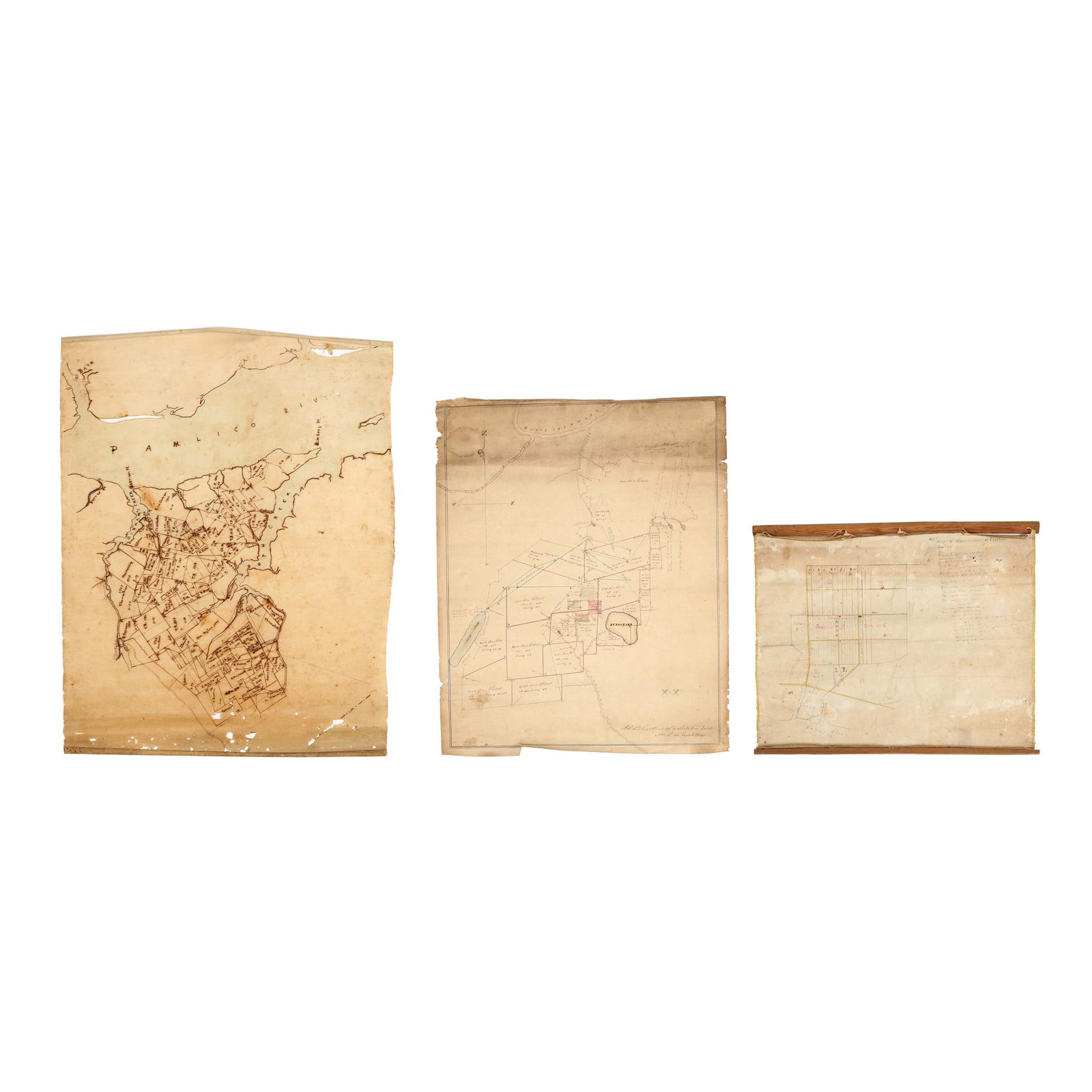 Three Antique Plats in Manuscript Showing Eastern North Carolina Locales: Three Antique Plats in Manuscript Showing Eastern North Carolina Locales to include: Pungo Lake and its environs, Platted by a Scale of 40.0 Poles to an Inch /Nov 25th 1853, Charles G. Phelps, ink on 