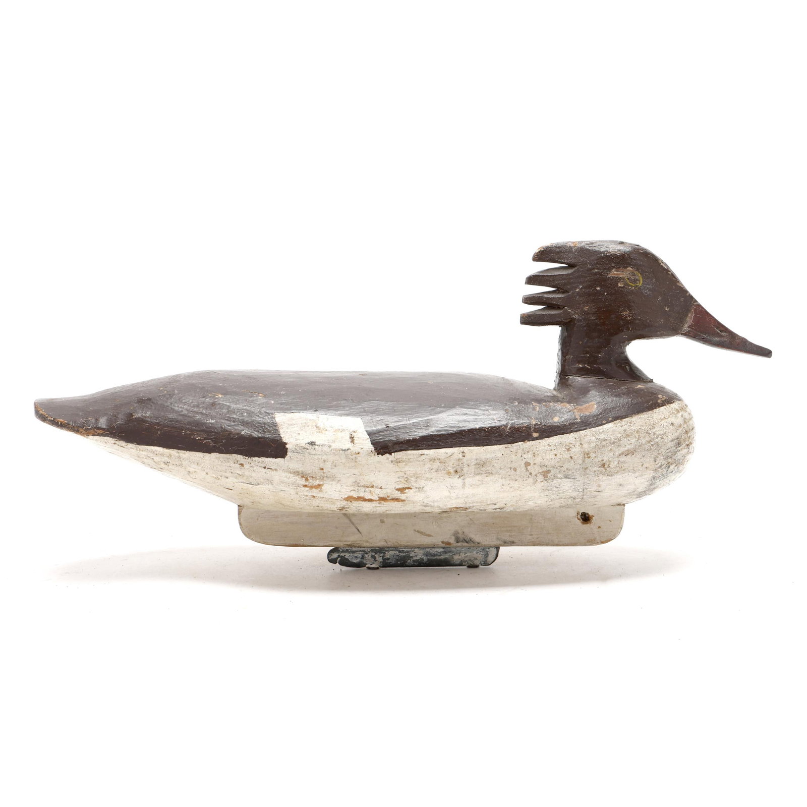 Doug Jester (VA, 1876-1961), Hen Hooded Merganser: Doug Jester (VA, 1876-1961), Hen Hooded Merganser Chincoteague, Virginia, circa 1920s, carved and painted wood, branded TBW. Length 15 in. x 6.5 x 5.5 From the hunting rig of Tilford Wade, a noted gui