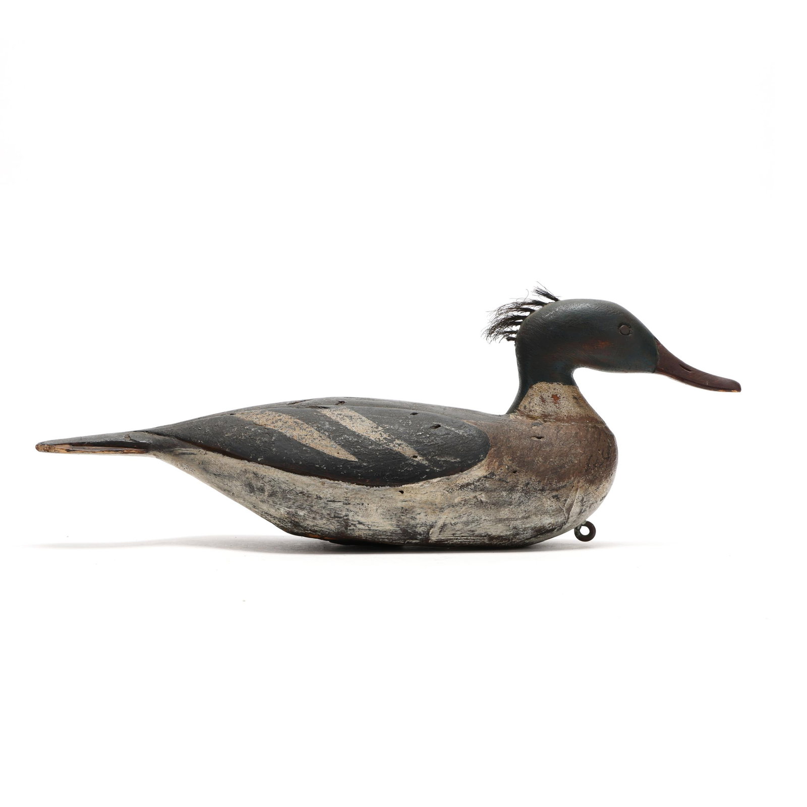 Preston Wright (MA), Merganser: Preston Wright (MA), Merganser Osterville, Massachusetts, circa 1920, carved and painted wood, horse hair crest, branded CROSBY. Length 18.25 in. Additional high-resolution photos are available at www