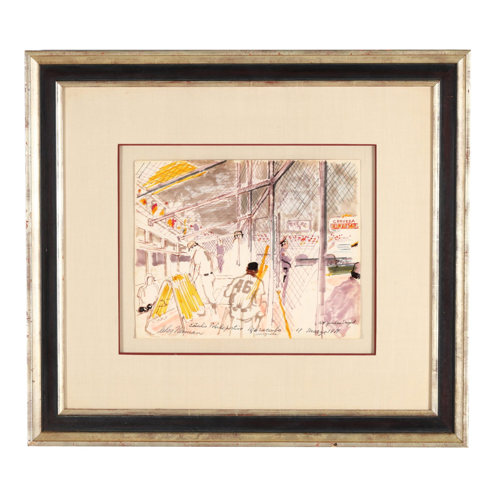 LeRoy Neiman (American, 1921-2012), Yankee Dugout - Venezuela: LeRoy Neiman (American, 1921-2012), Yankee Dugout - Venezuela ink and marker on paper, pencil signed at lower left, inscribed along lower edge of sheet "Estadio Polideportivo - Maracaibo / Venezuela -