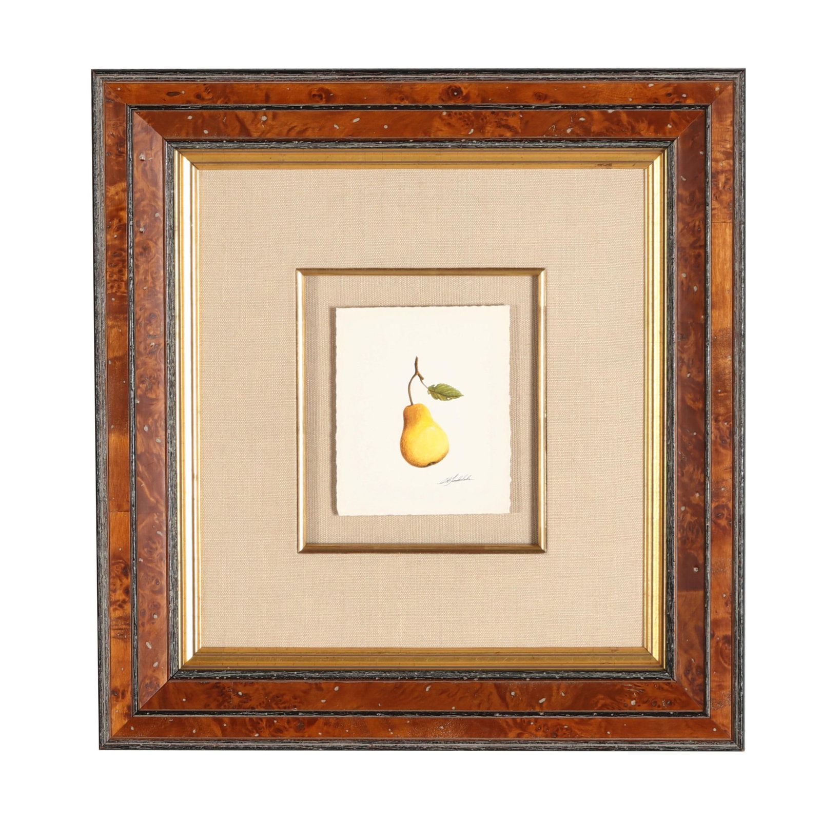 Bob Timberlake (NC, b. 1937), Pear Study: Bob Timberlake (NC, b. 1937), Pear Study watercolor on paper, pencil signed, with artist's label to verso, float mounted and presented under UV glass in a handsome burlwood frame. Frame dimensions 18 