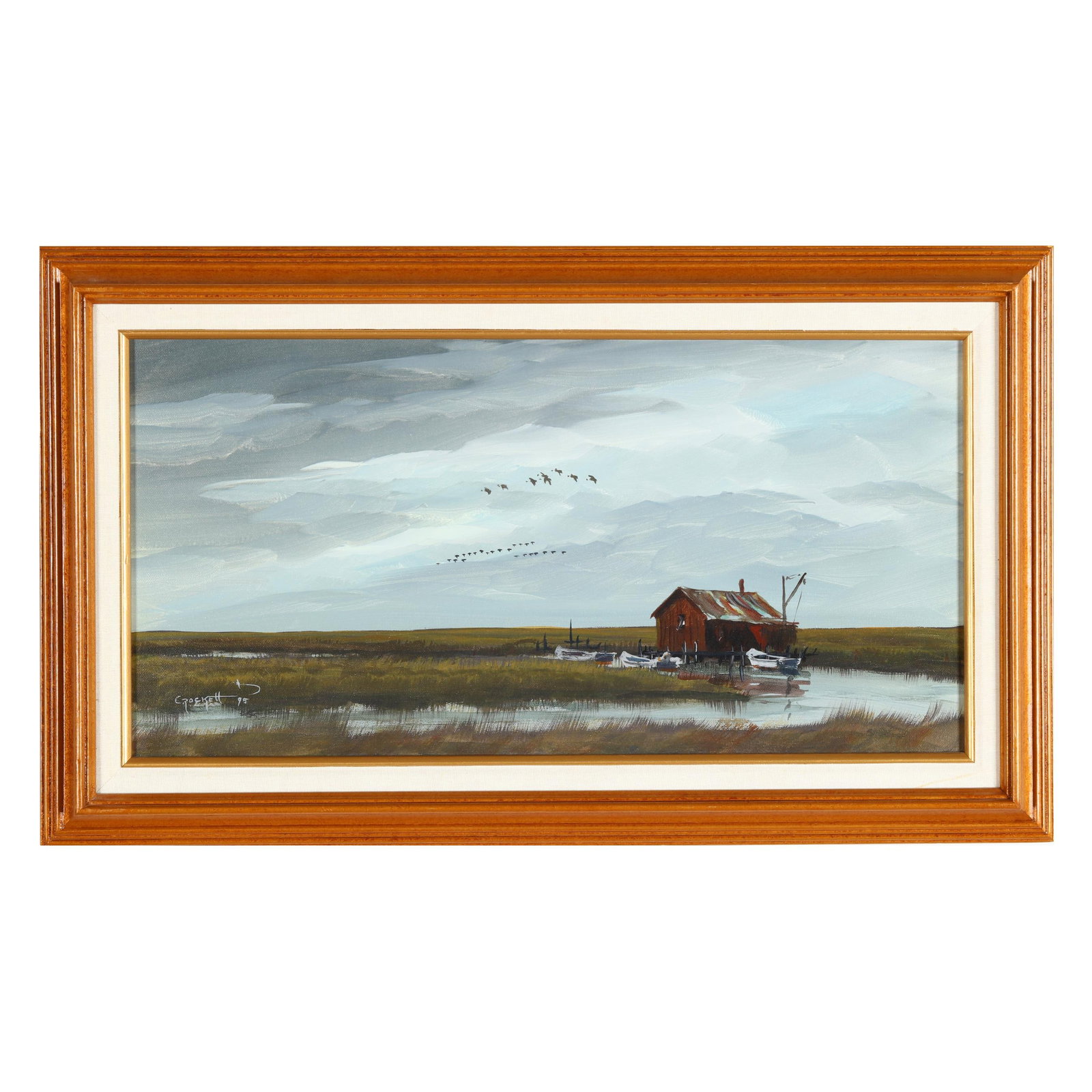 Willie Crockett (American), Flight Over Marsh: Willie Crockett (American), Flight Over Marsh acrylic on canvas, 1995, signed and dated to the lower left, framed. Stretcher size 12 x 24 in.; Frame dimensions 17 x 29 in. Private Collection, Chapel H