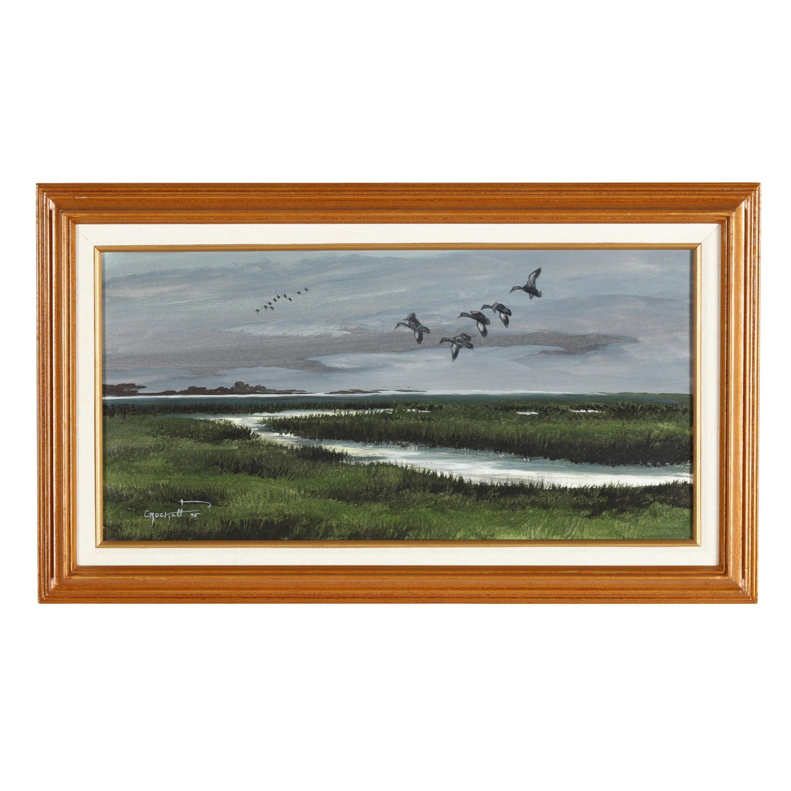 Willie Crockett (American), Ducks Landing: Willie Crockett (American), Ducks Landing acrylic on canvas, 1995, signed and dated at the lower left, framed. Stretcher size 12 x 24 in.; Frame dimensions 17 x 29 in. Private Collection, Chapel Hill,