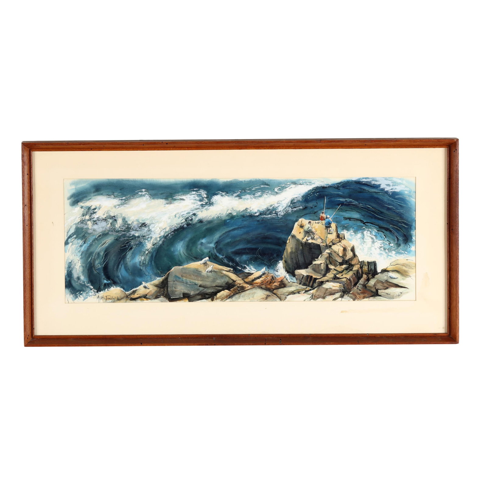 Myrtle Tremblay (American, 1908-2011), Fishing on the Rocks: Myrtle Tremblay (American, 1908-2011), Fishing on the Rocks watercolor on paper, 1961, signed and dated at lower left, retaining exhibition labels to verso, matted and framed under glass. Sight size 1