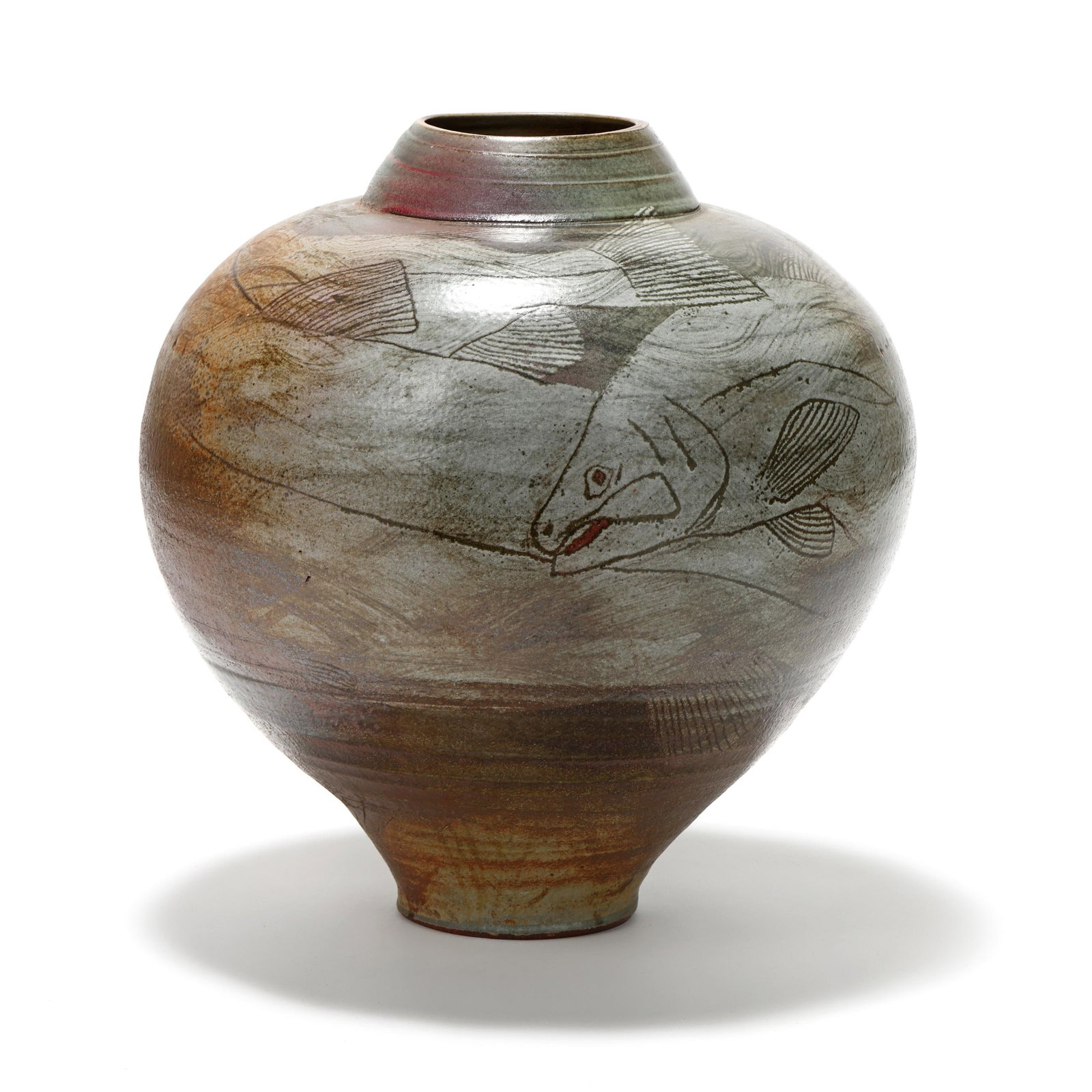 Alan Bennett (American), Large Ovoid Stoneware Floor Vase with Trout (1 of 7)